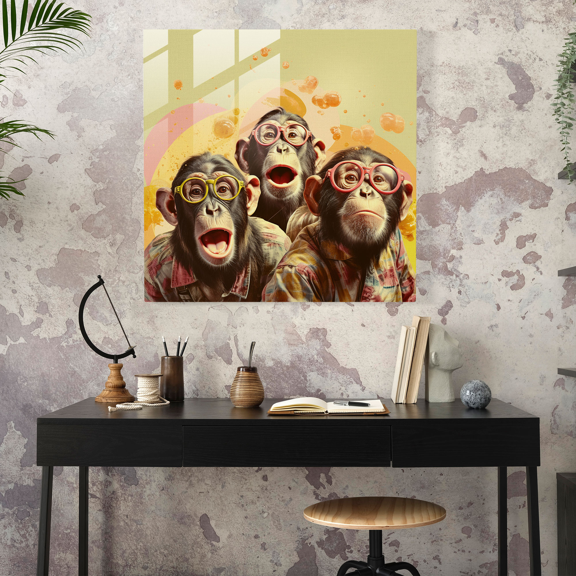 3 Monkey Collage Glass Print - 3 Monkey, 3 Monkey, Modern Art, Glass Print