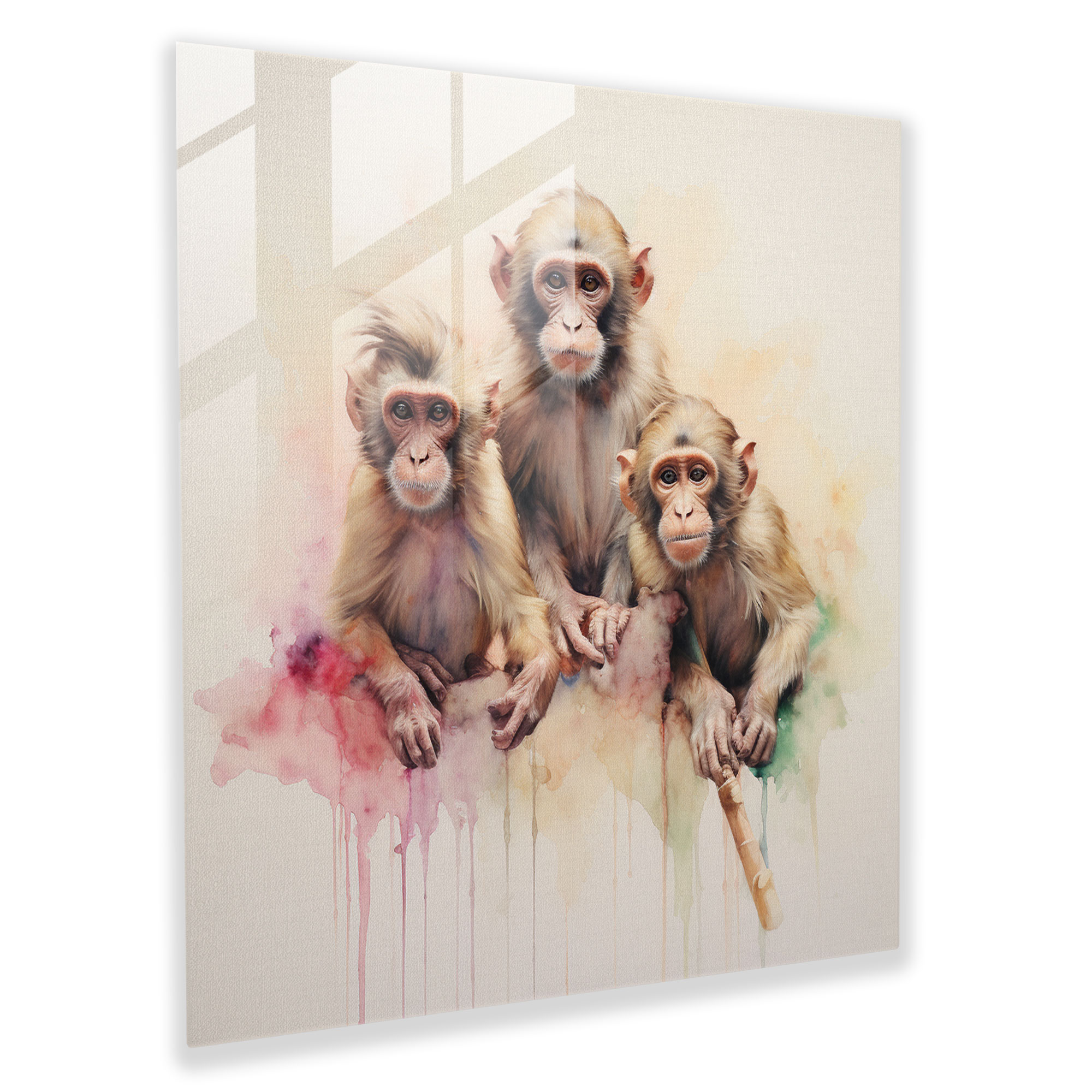 3 Monkey Watercolor Glass Print - 3 Monkey, Home Decoration, Glass Art, Modern Art