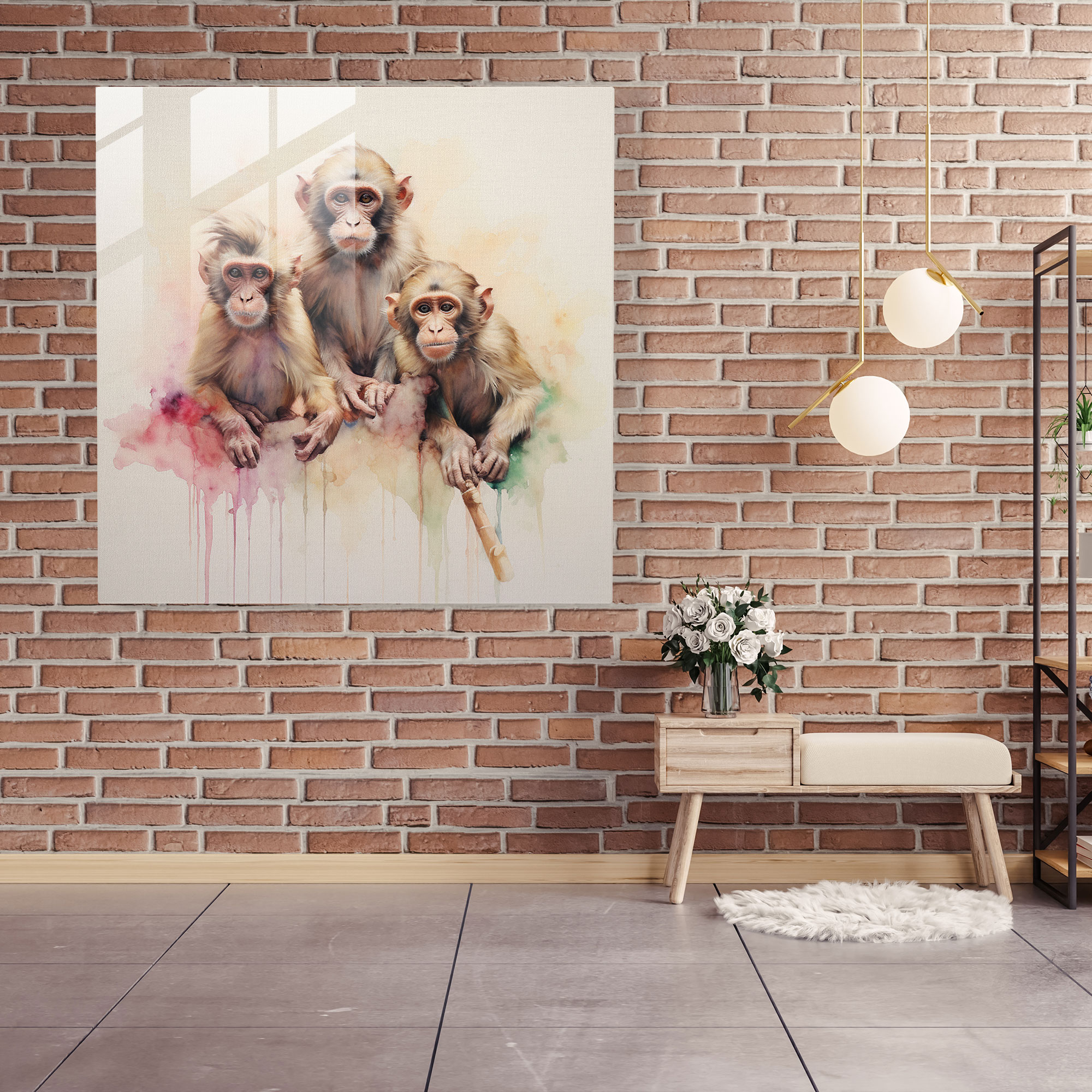 3 Monkey Watercolor Glass Print - 3 Monkey, Home Decoration, Glass Art, Modern Art