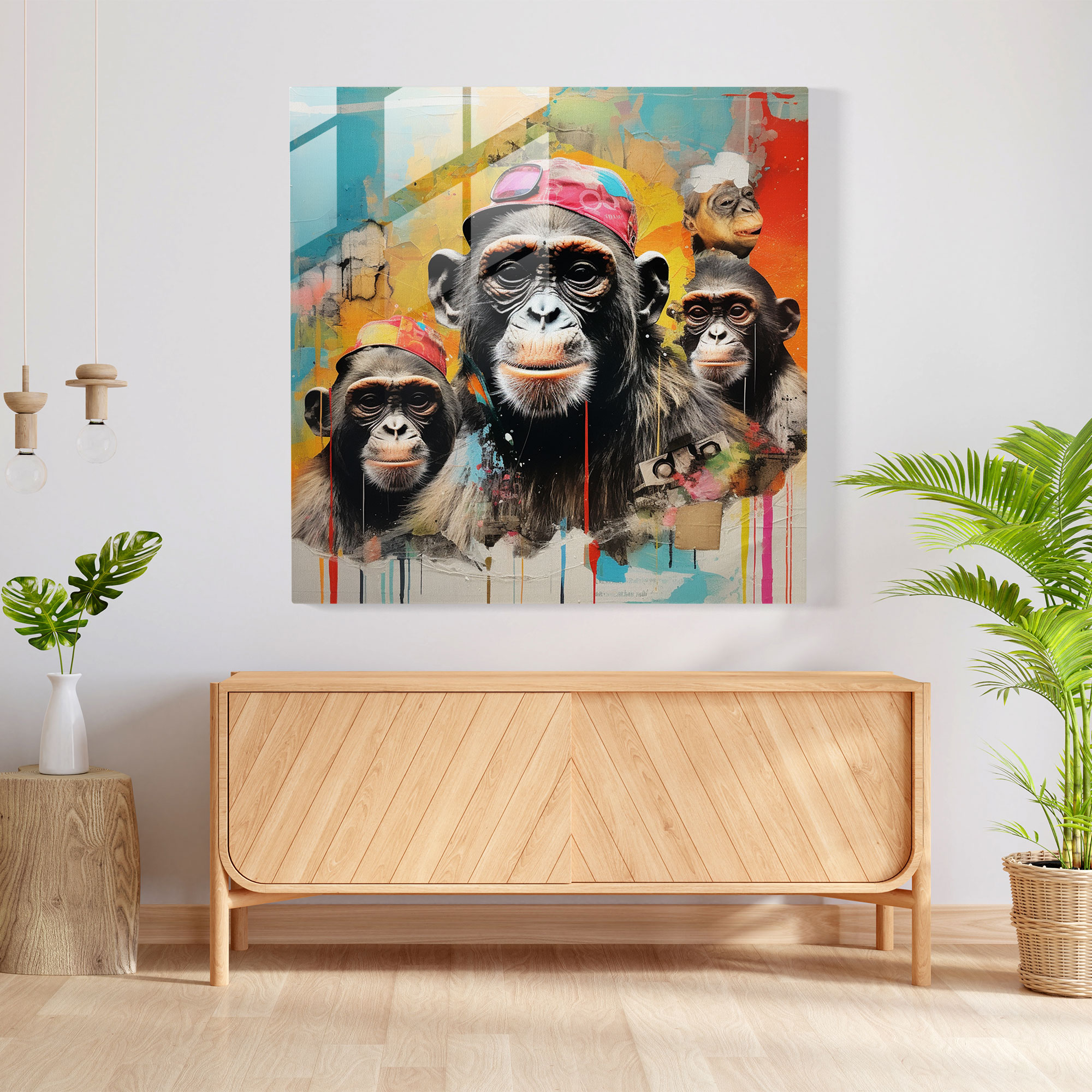 3 Monkey Mixed Media Glass Print - 3 Monkey, Vivid Colors, Glass Art, Glass Print