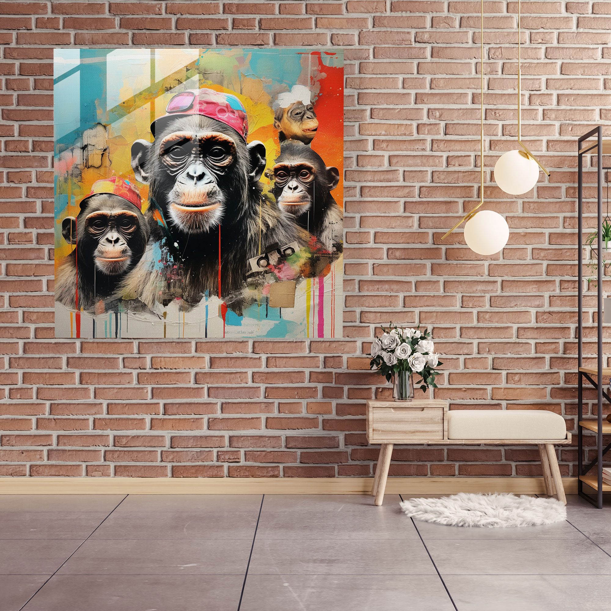 3 Monkey Mixed Media Glass Print - 3 Monkey, Vivid Colors, Glass Art, Glass Print
