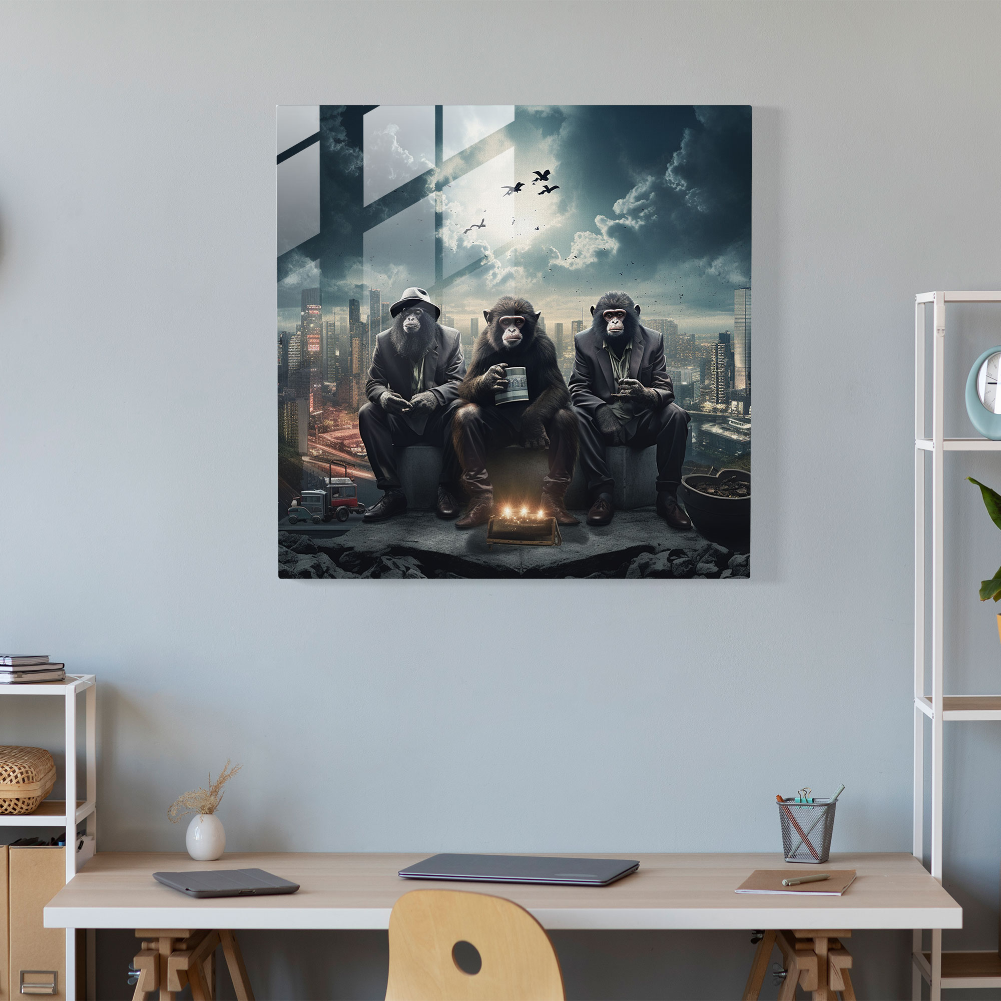 Three Monkey Glass Wall Art - 3 Monkey, Cityscape, Poses, Glass Art