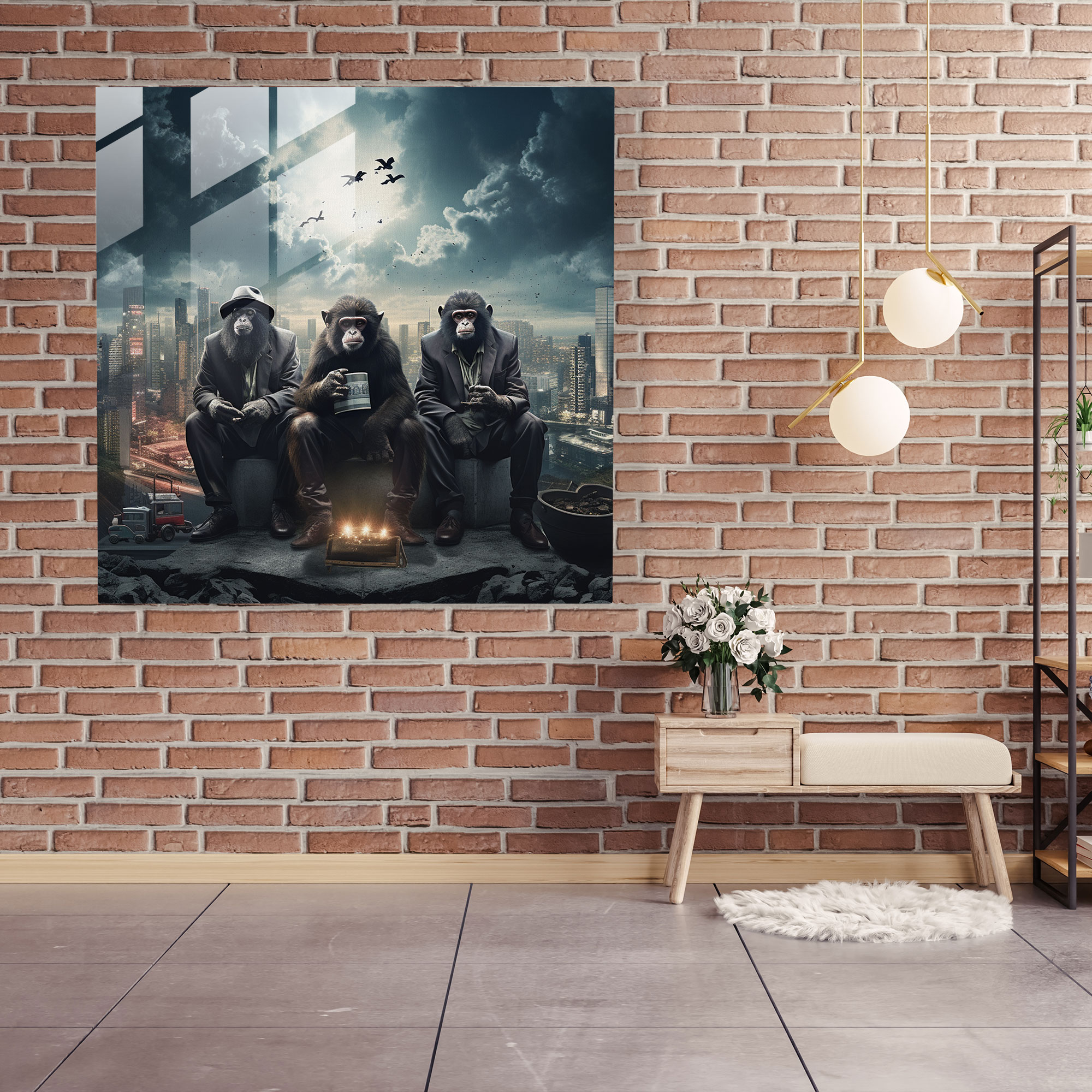 Three Monkey Glass Wall Art - 3 Monkey, Cityscape, Poses, Glass Art