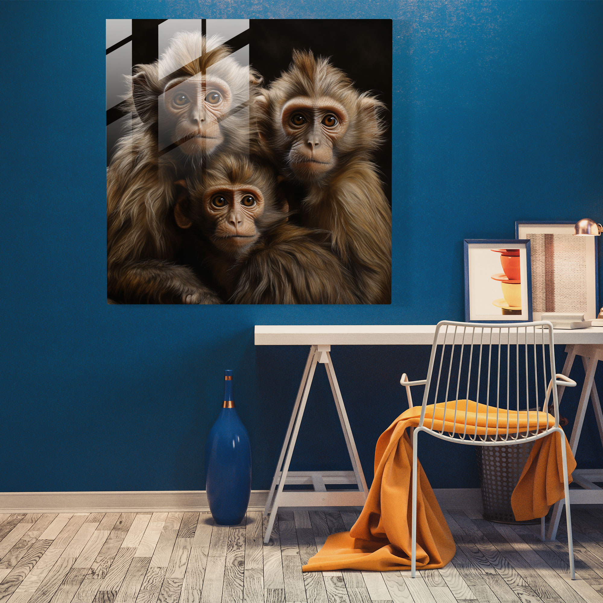 Three Monkey Glass Wall Art - 3 Monkey, Three Monkey, Glass Art, Expressive Eyes