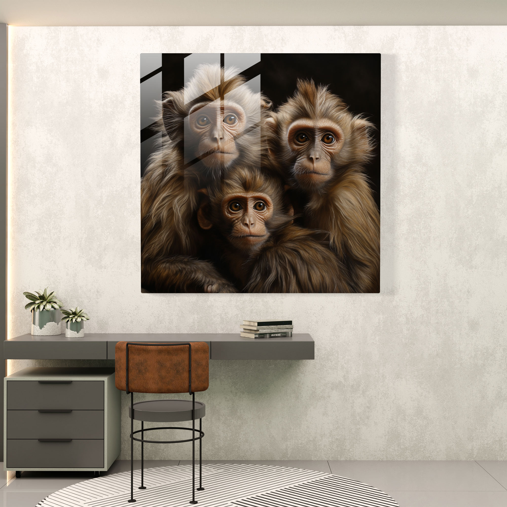 Three Monkey Glass Wall Art - 3 Monkey, Three Monkey, Glass Art, Expressive Eyes