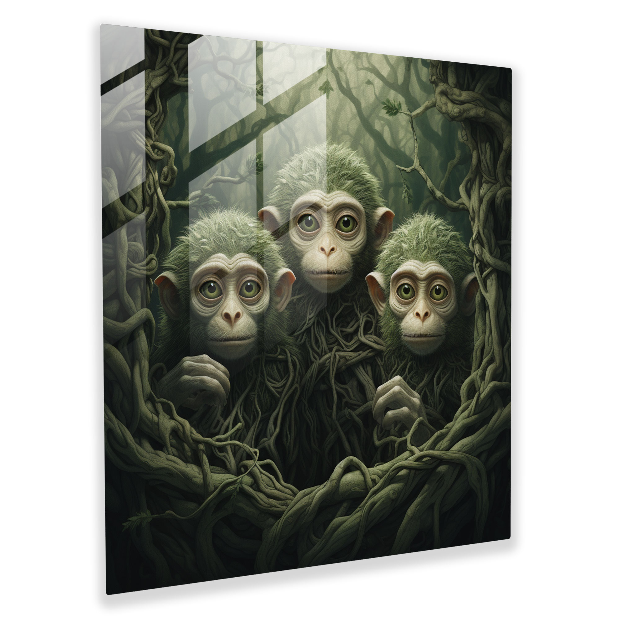 Three Monkey Glass Wall Art - 3 Monkey, Surreal Artwork, Mystical Forest Background, Curiosity