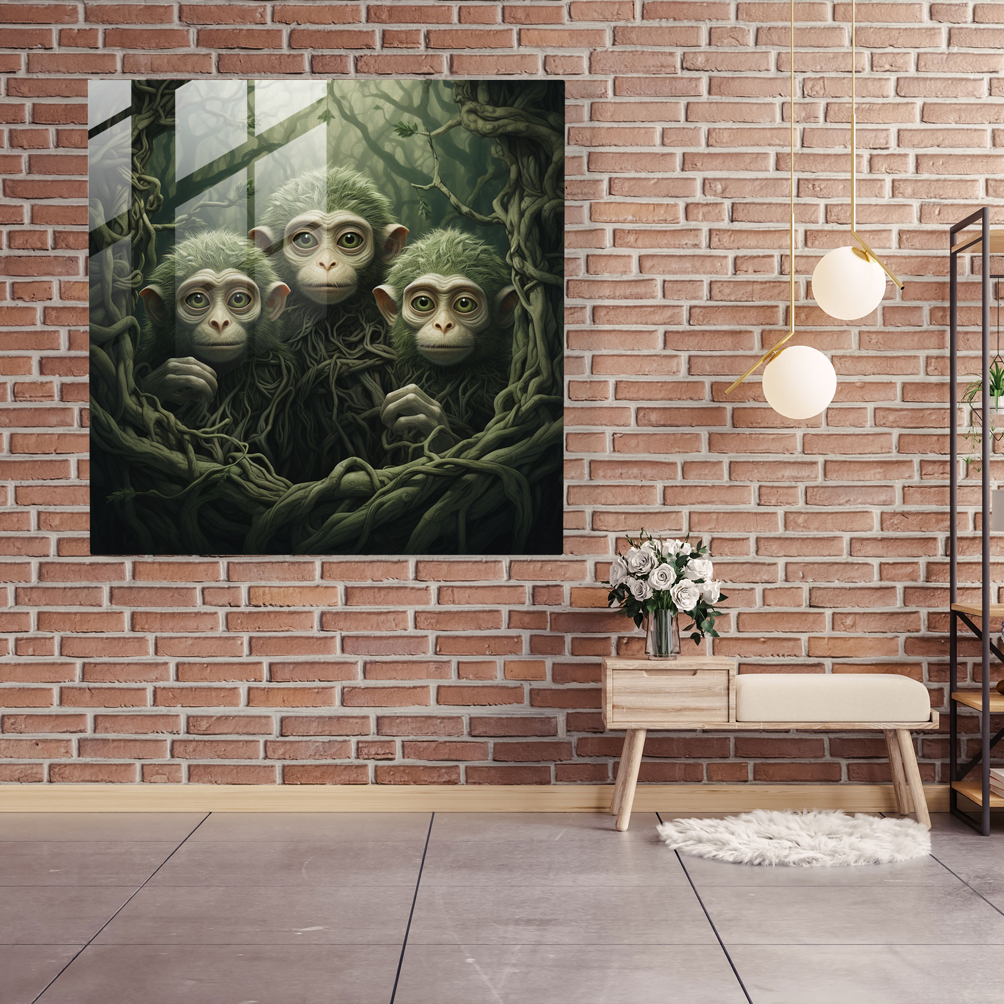 Three Monkey Glass Wall Art - 3 Monkey, Surreal Artwork, Mystical Forest Background, Curiosity