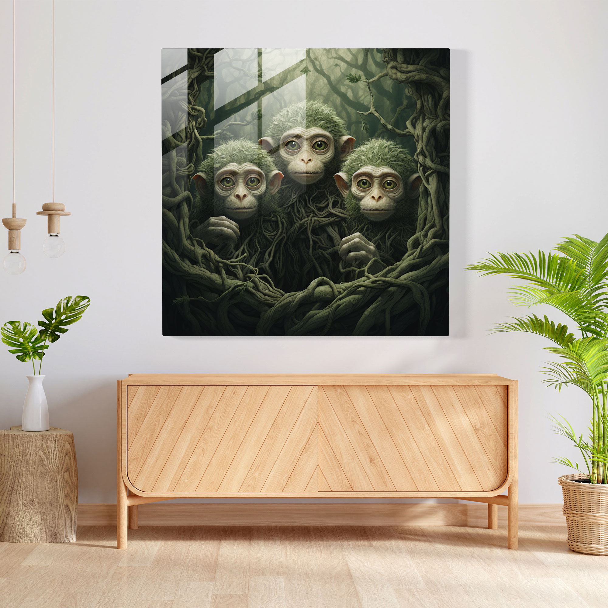 Three Monkey Glass Wall Art - 3 Monkey, Surreal Artwork, Mystical Forest Background, Curiosity