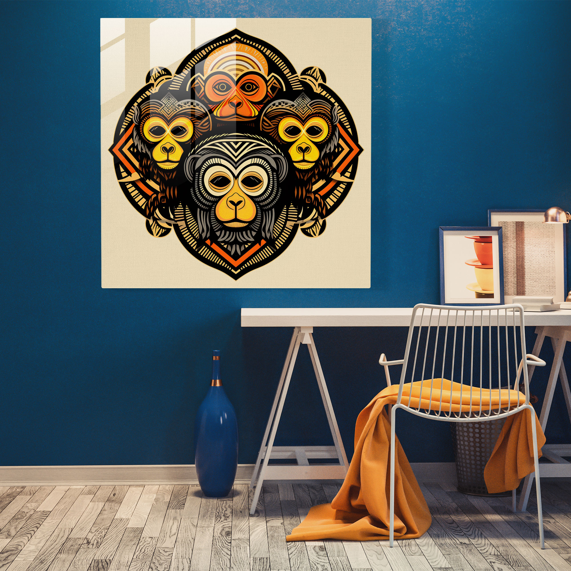 3 Monkey Glass Print - 3 Monkey, Home Decoration, Glass Art, Intersecting Lines