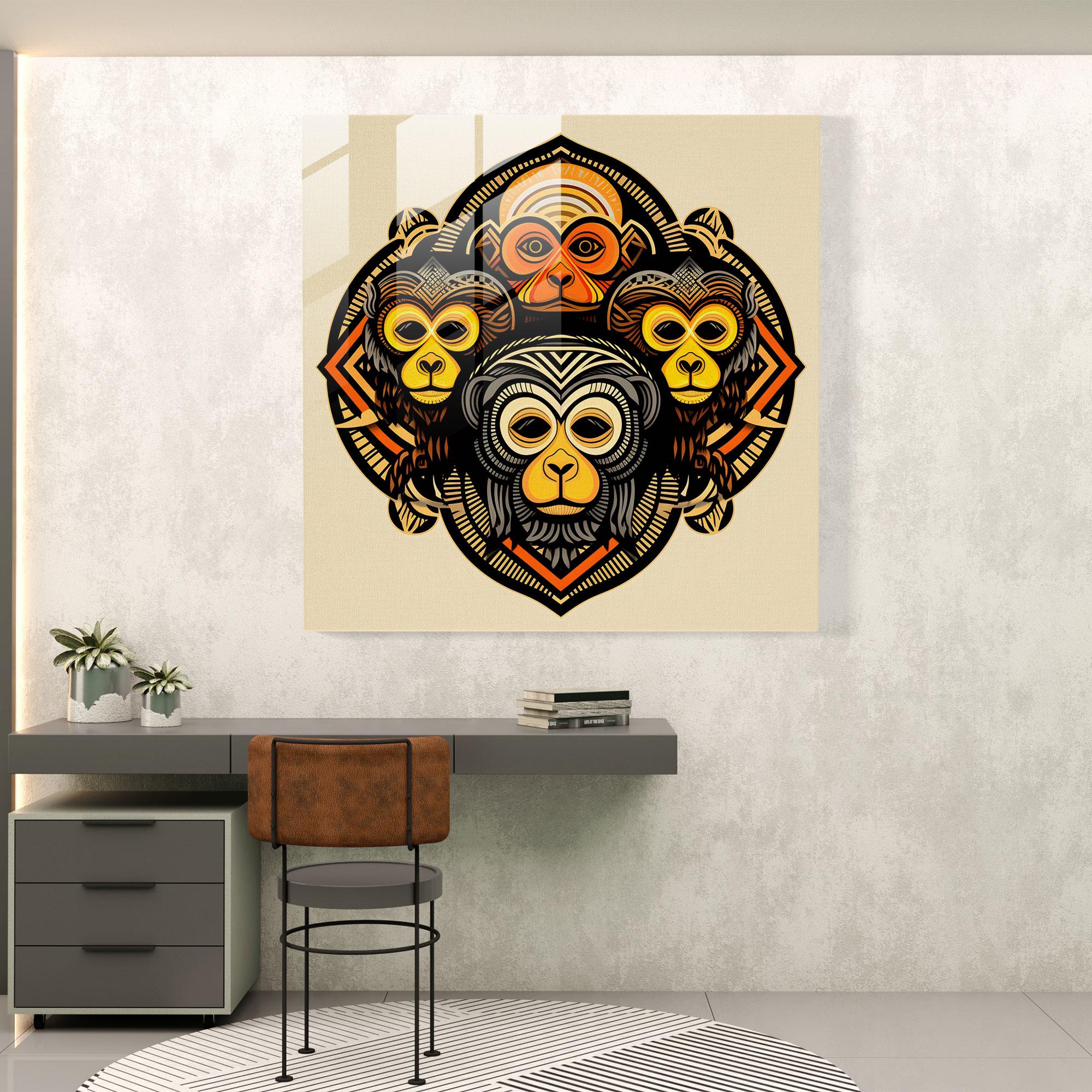 3 Monkey Glass Print - 3 Monkey, Home Decoration, Glass Art, Intersecting Lines