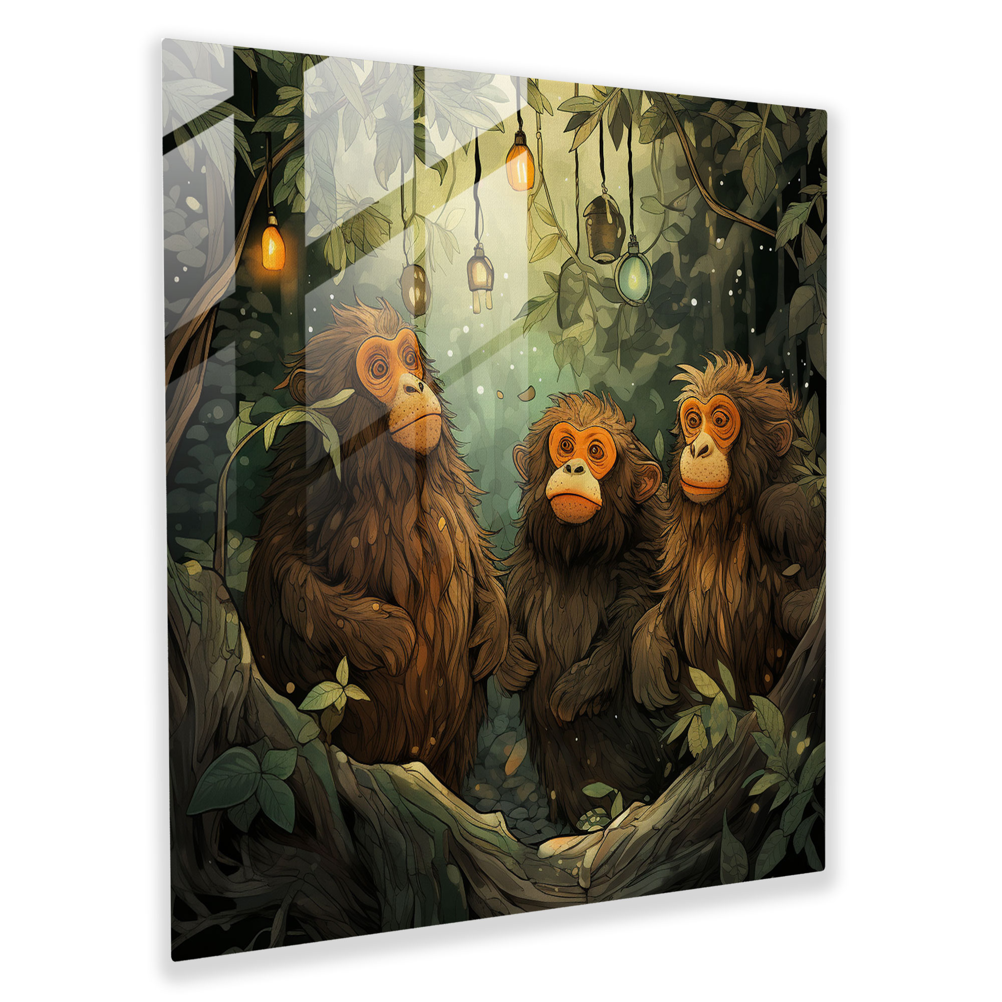 3 Monkey Glass Print - 3 Monkey, Home Decoration, Hand-Drawn Illustration, Wise Monkeys