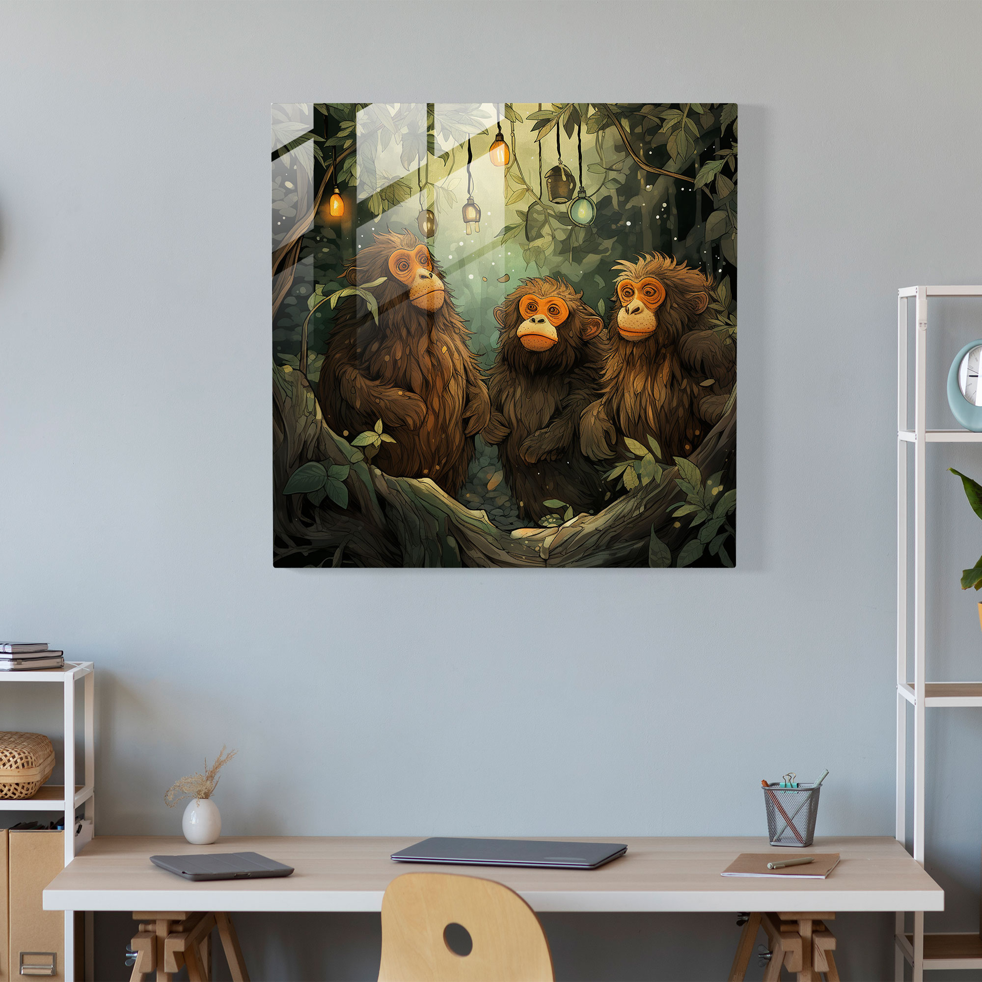 3 Monkey Glass Print - 3 Monkey, Home Decoration, Hand-Drawn Illustration, Wise Monkeys