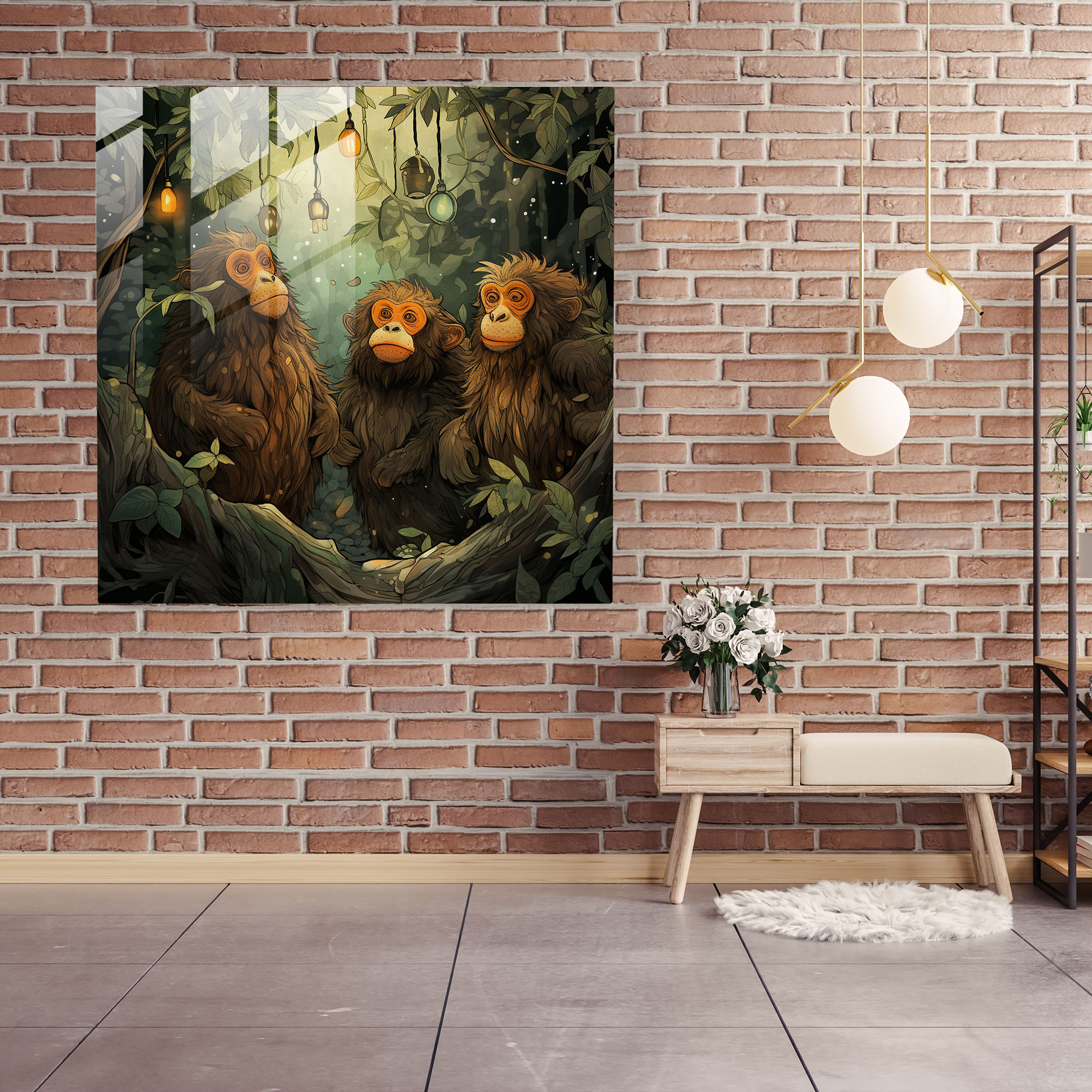 3 Monkey Glass Print - 3 Monkey, Home Decoration, Hand-Drawn Illustration, Wise Monkeys