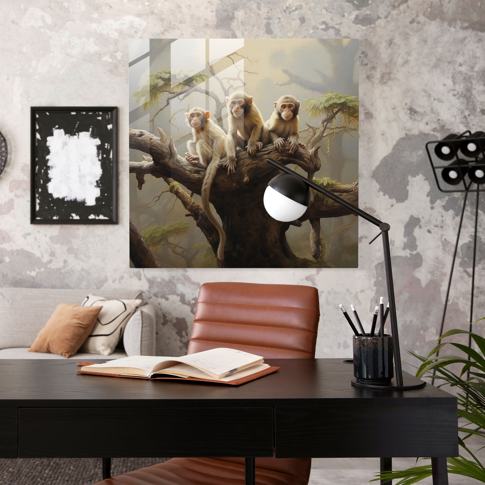 3 Monkey Glass Print - 3 Monkey, Serene Landscape, 3 Monkey, Glass Wall Art