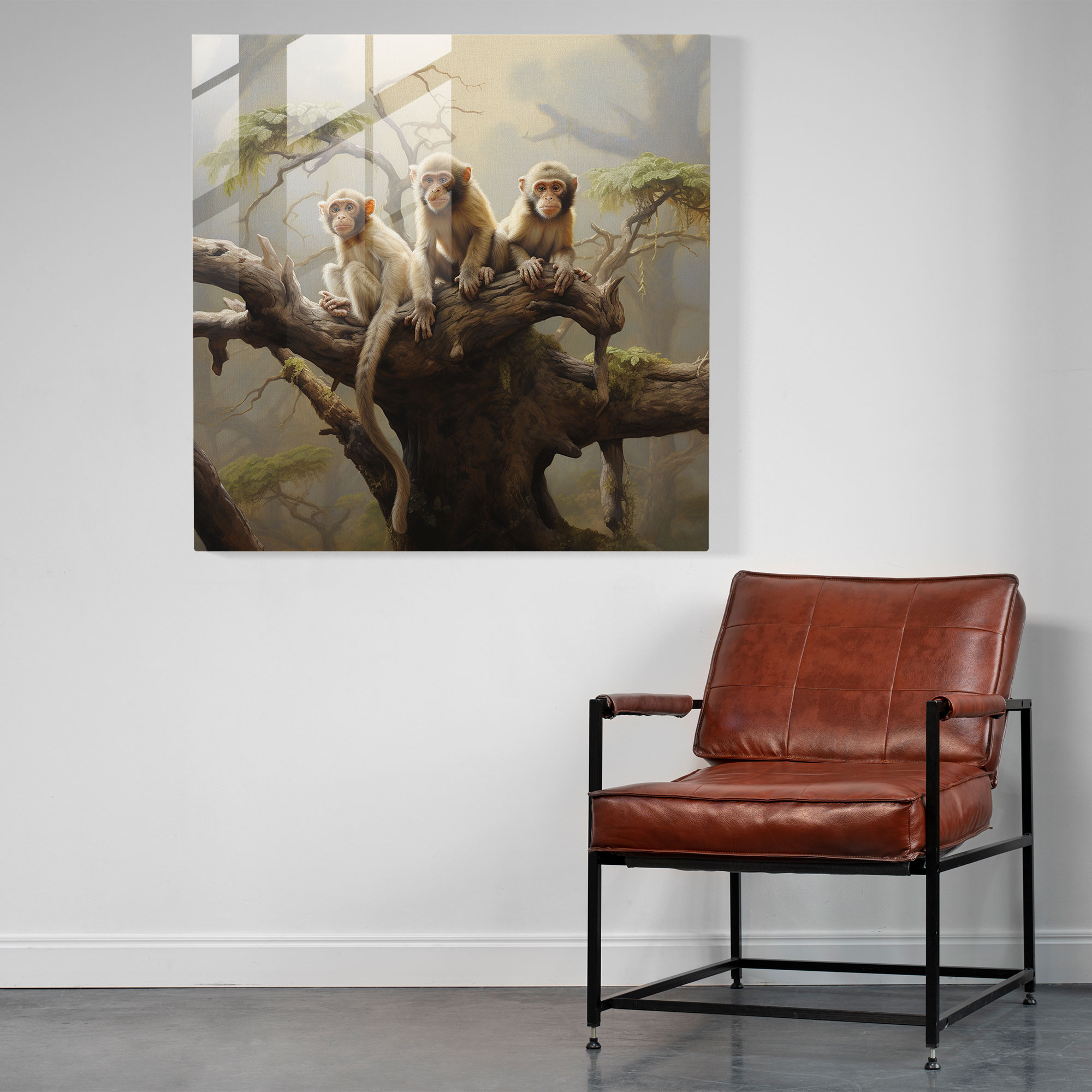 3 Monkey Glass Print - 3 Monkey, Serene Landscape, 3 Monkey, Glass Wall Art