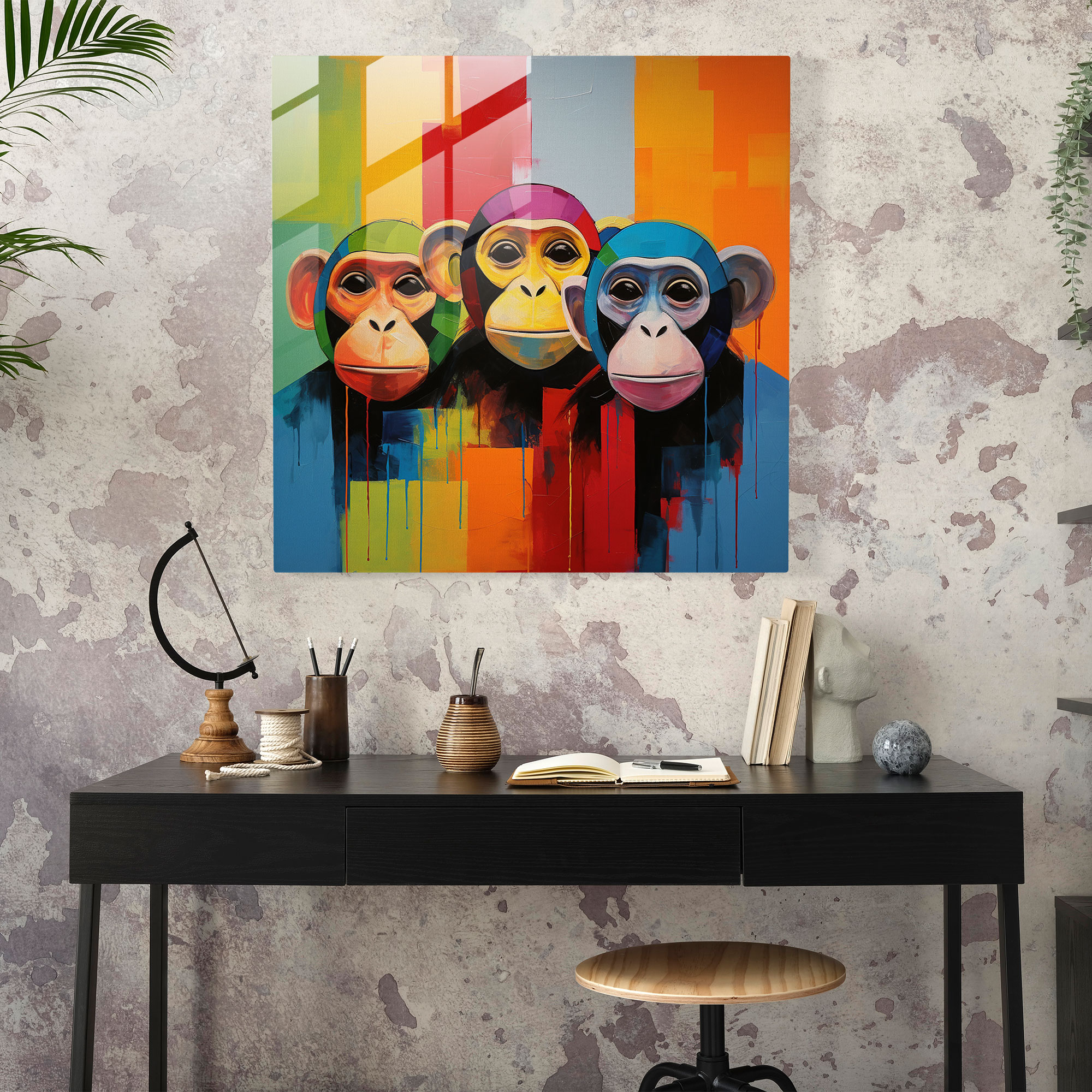 3 Monkey Moderne Glasbildkunst - 3 Monkey Glasbild Wohndekoration