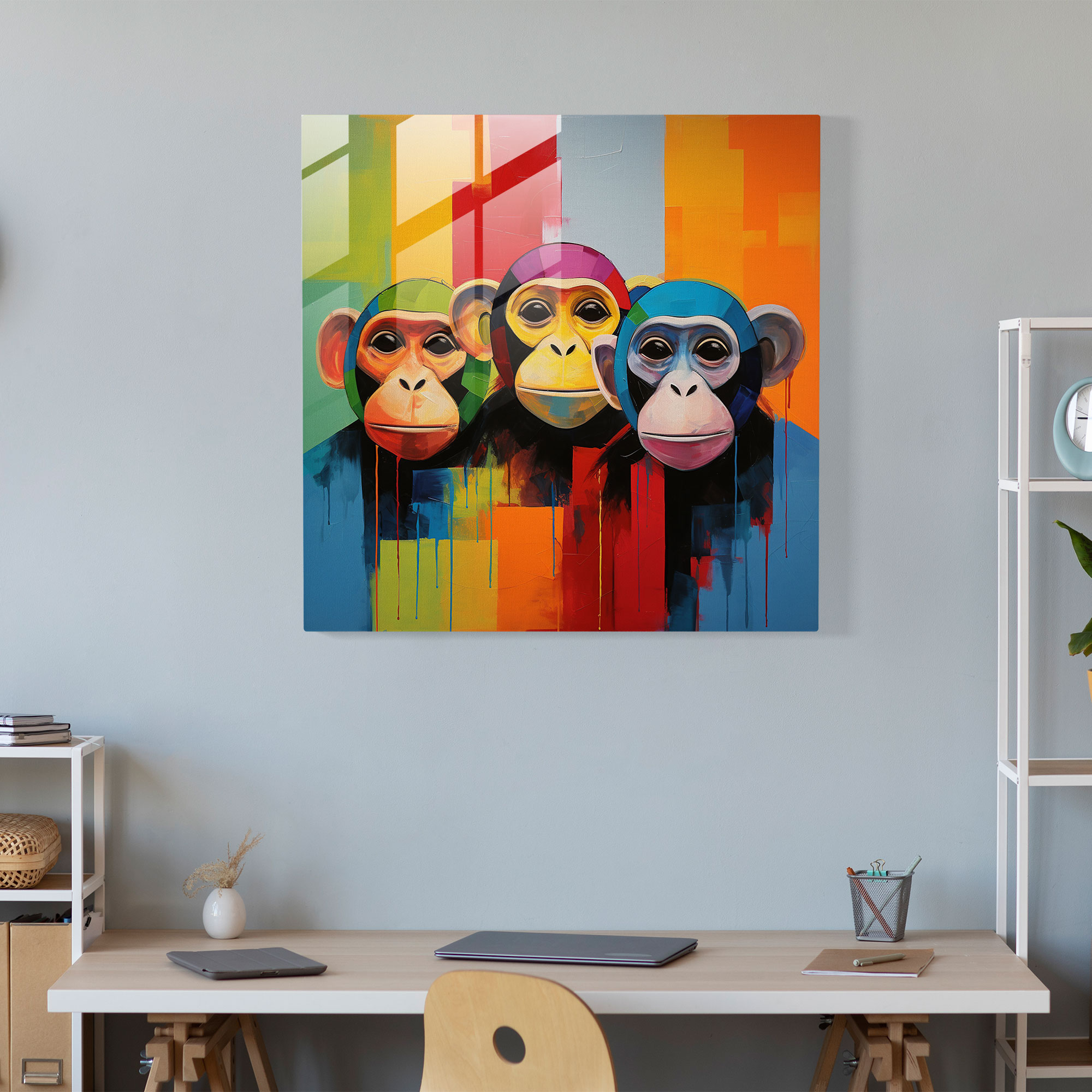 3 Monkey Moderne Glasbildkunst - 3 Monkey Glasbild Wohndekoration