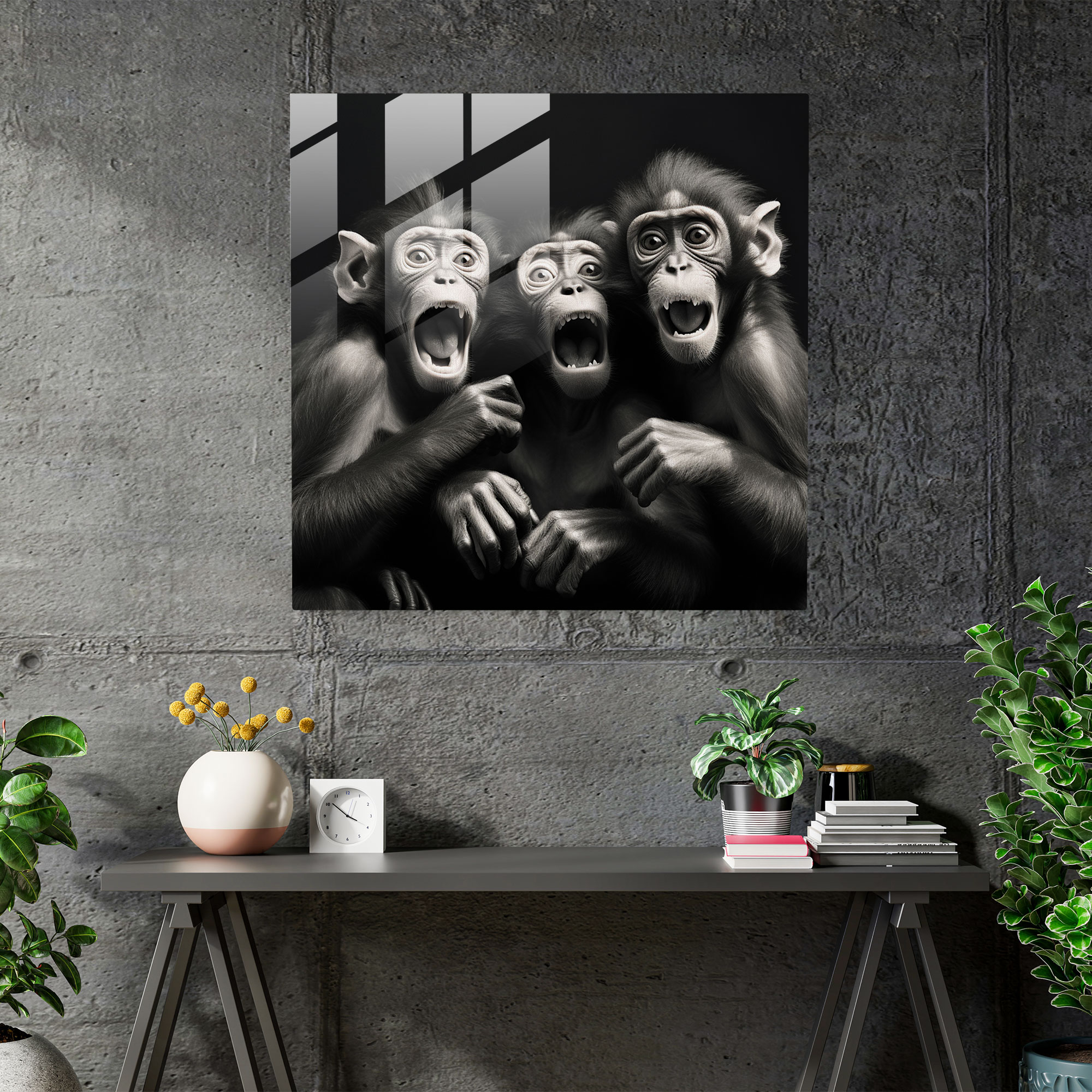 3 Monkey Glass Print Artwork - 3 Monkey, Glass Print, Black And White, Home Decoration