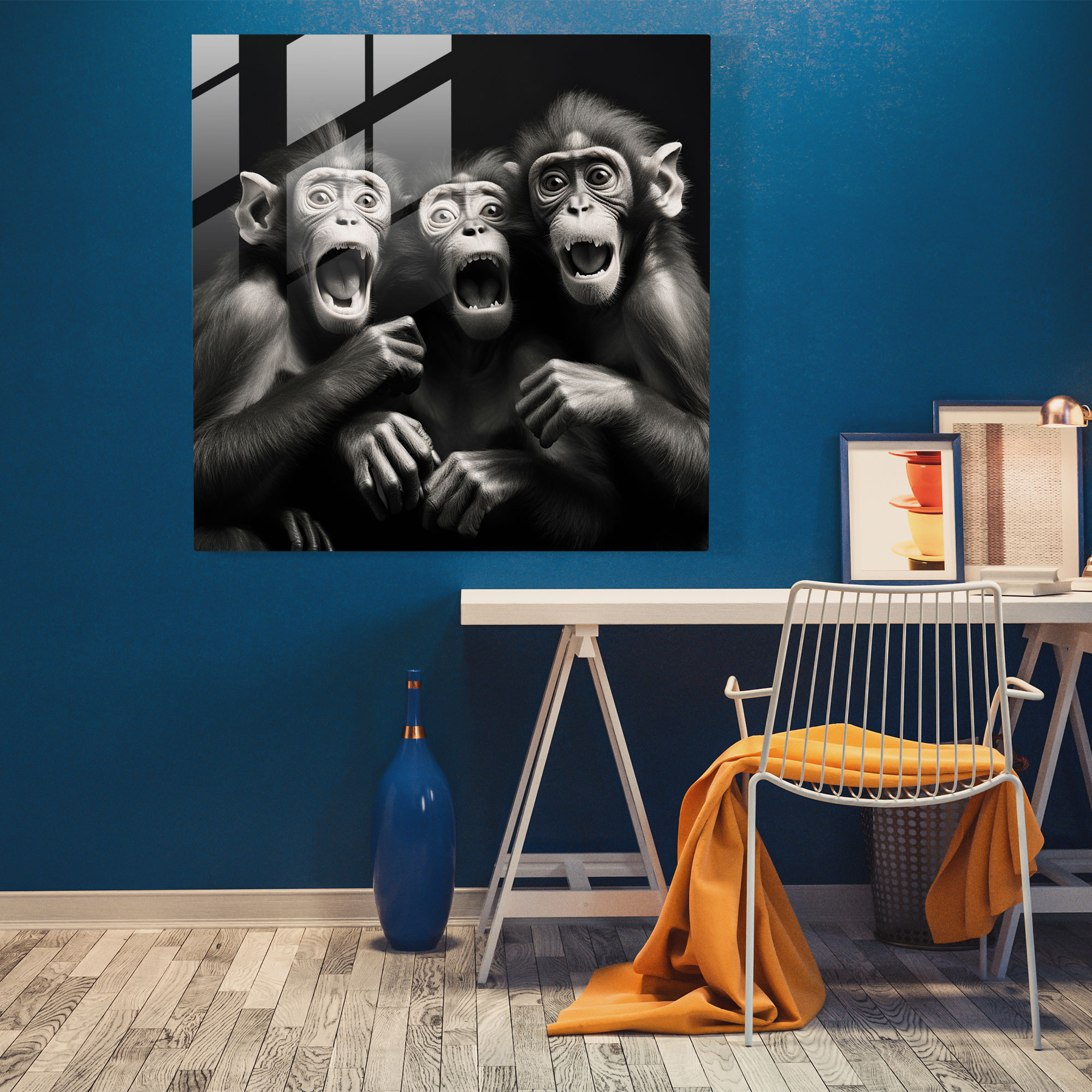 3 Monkey Glass Print Artwork - 3 Monkey, Glass Print, Black And White, Home Decoration