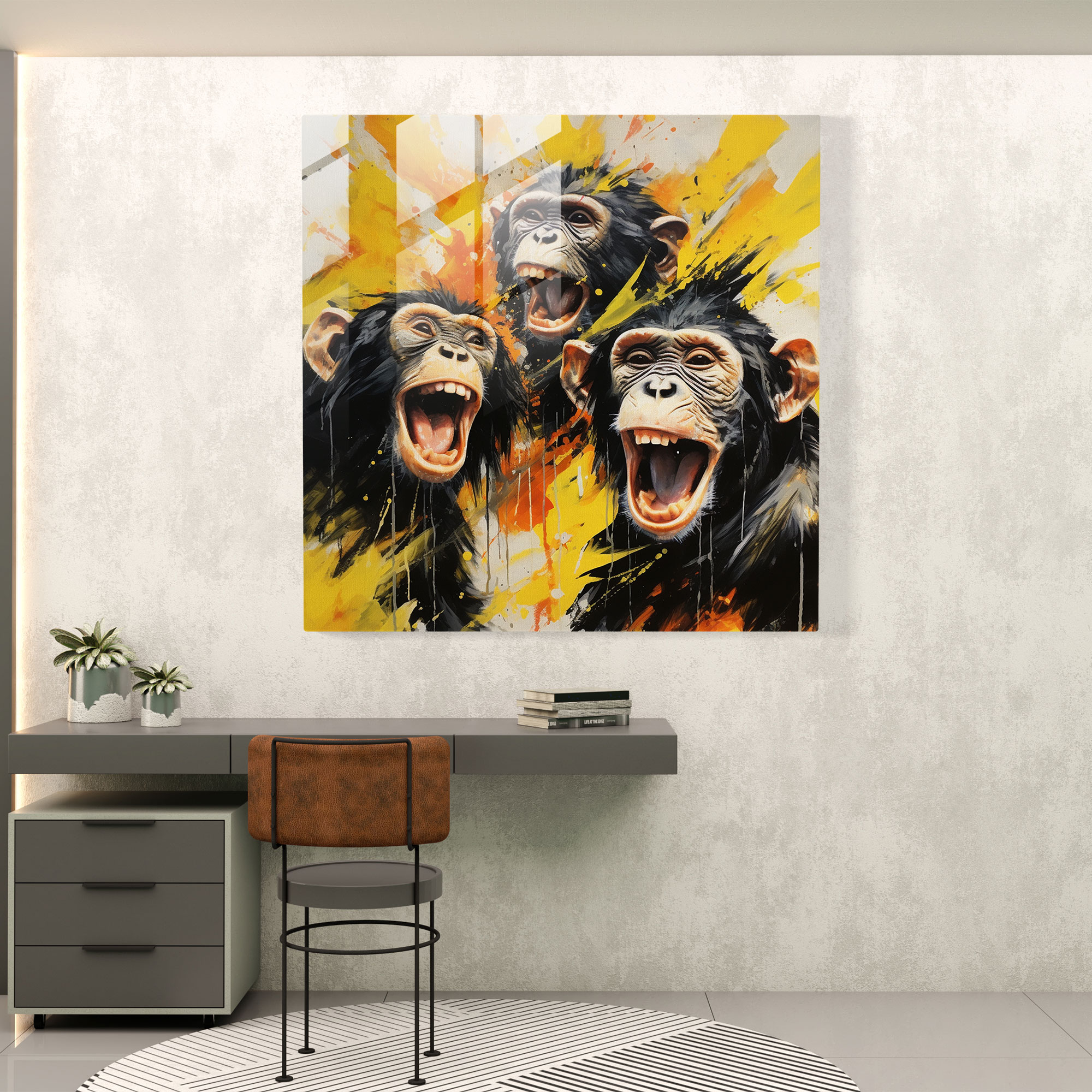 3 Monkey Glass Print Painting - 3 Monkey, Lively, Modern Art, Wall Decoration
