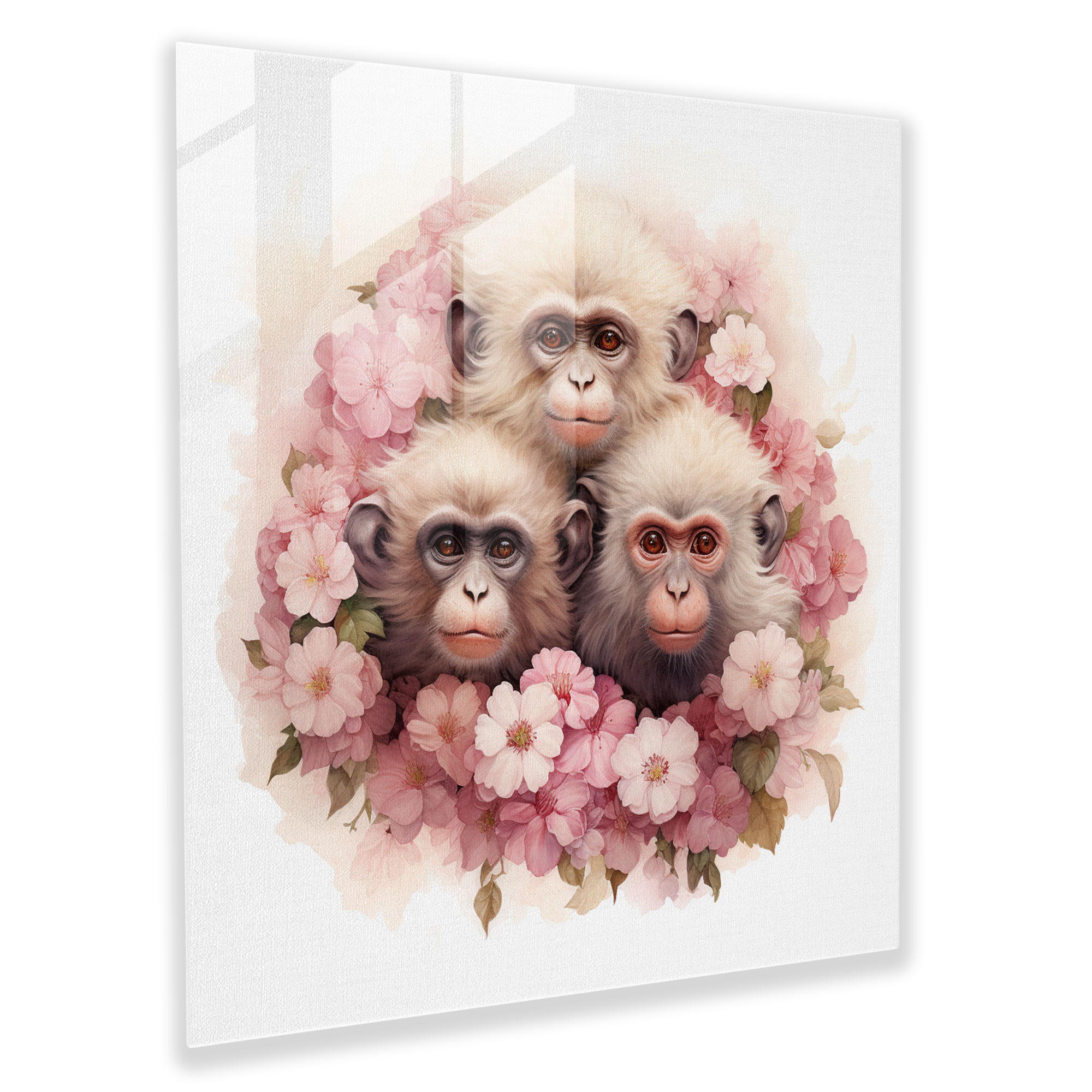 3 Monkey Glasbild Wandkunst - 3 Monkey Serene Blumen Glasbild