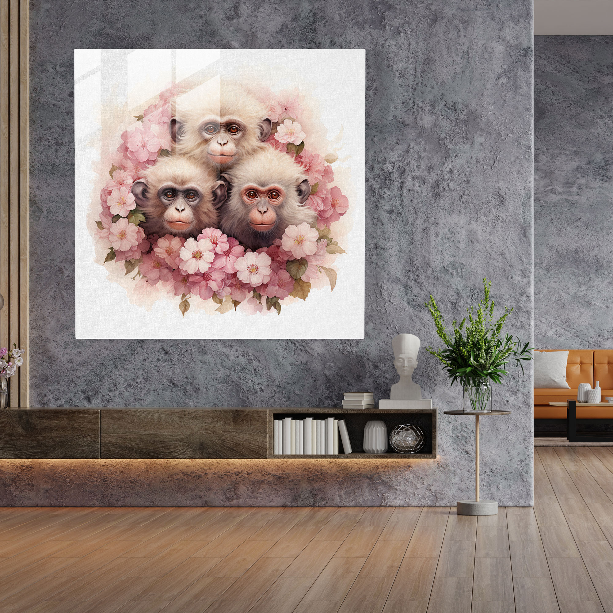 3 Monkey Glasbild Wandkunst - 3 Monkey Serene Blumen Glasbild
