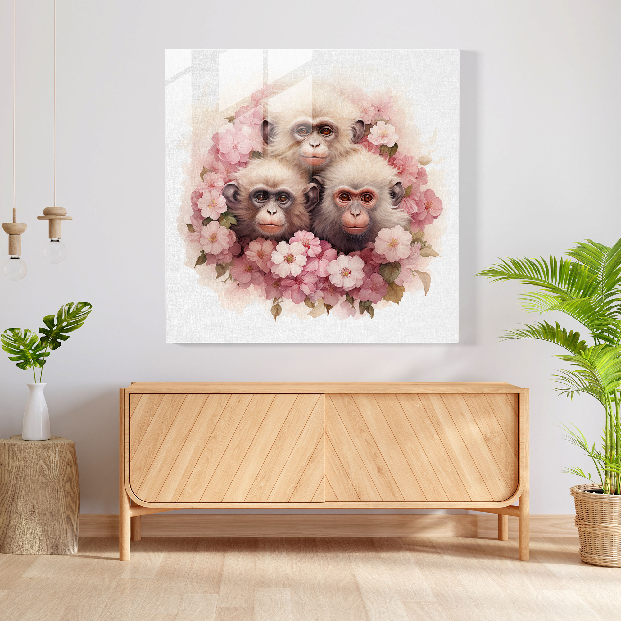 3 Monkey Glasbild Wandkunst - 3 Monkey Serene Blumen Glasbild