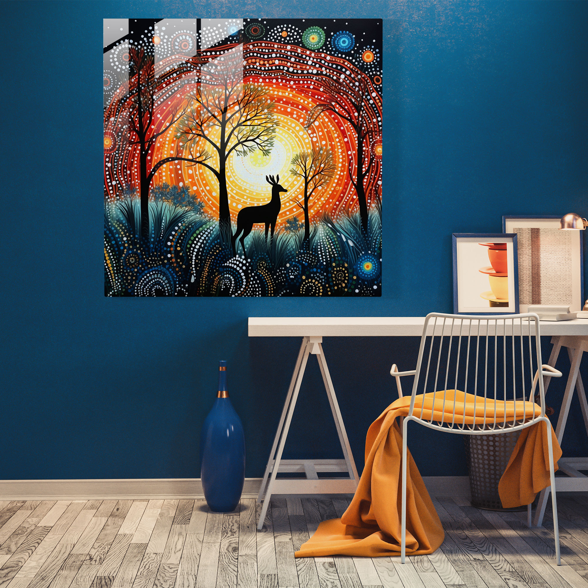 Aboriginal Dreamtime Glass Print - Aboriginal, Dreamtime Scene, Glass Wall Art, Wall Decoration