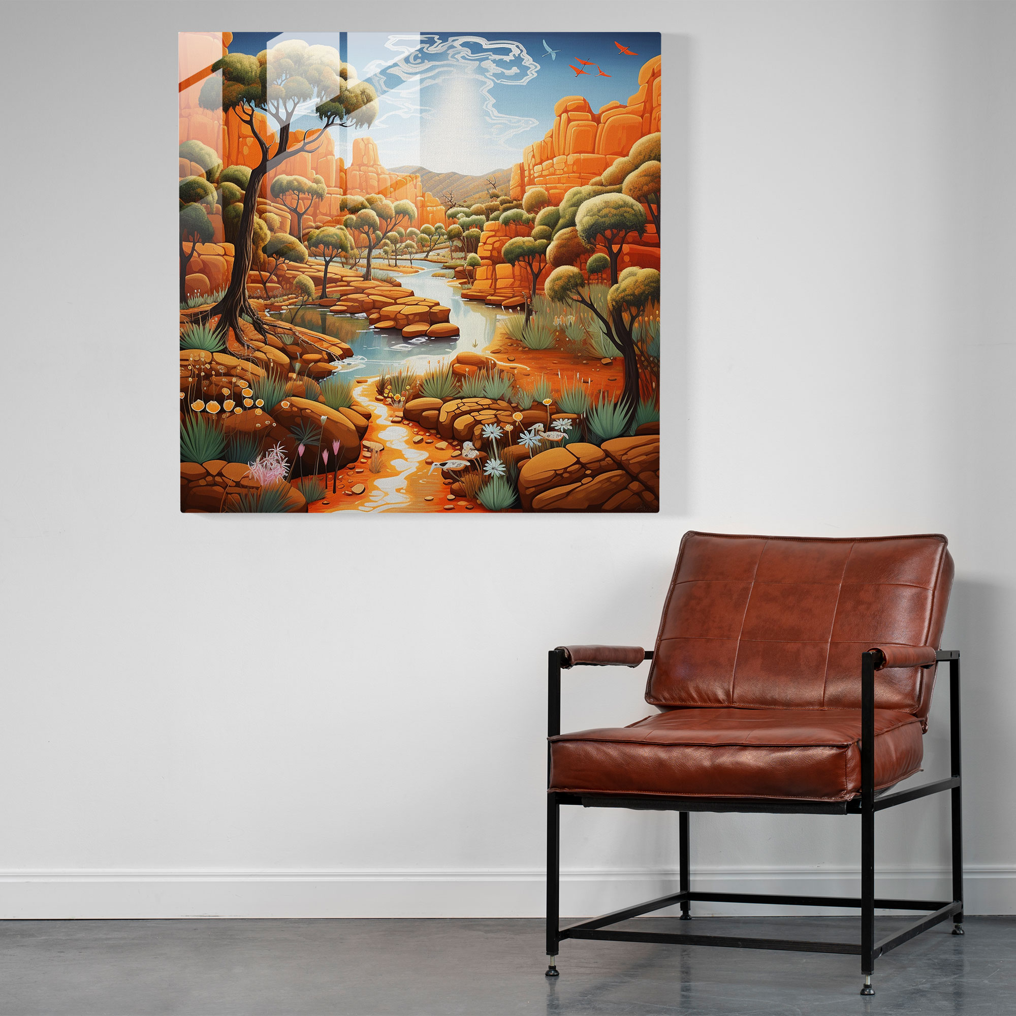 Outback Serenity Glass Print - Aboriginal, Aboriginal-Inspired Landscape, Outback, Wall Decoration