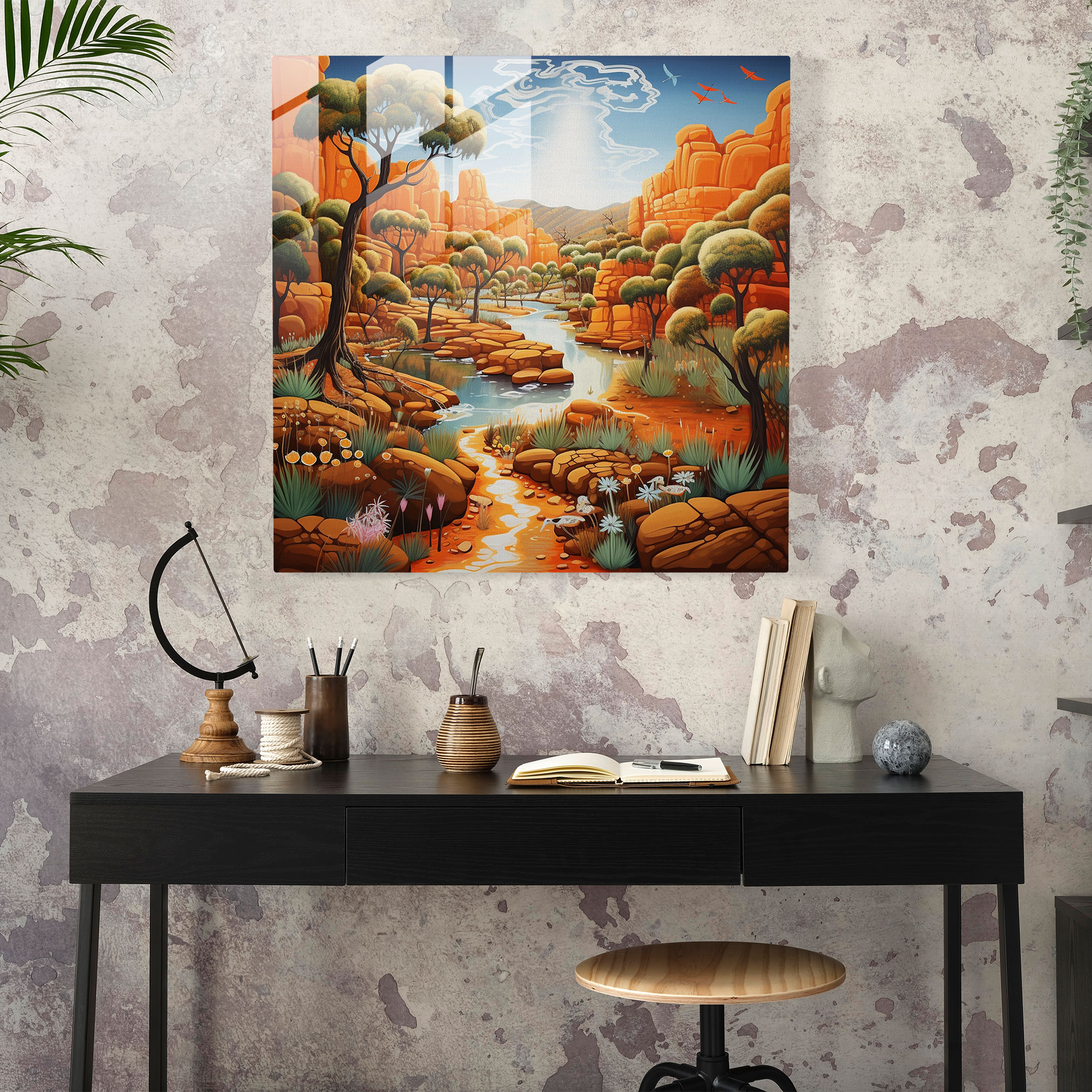 Outback Serenity Glass Print - Aboriginal, Aboriginal-Inspired Landscape, Outback, Wall Decoration