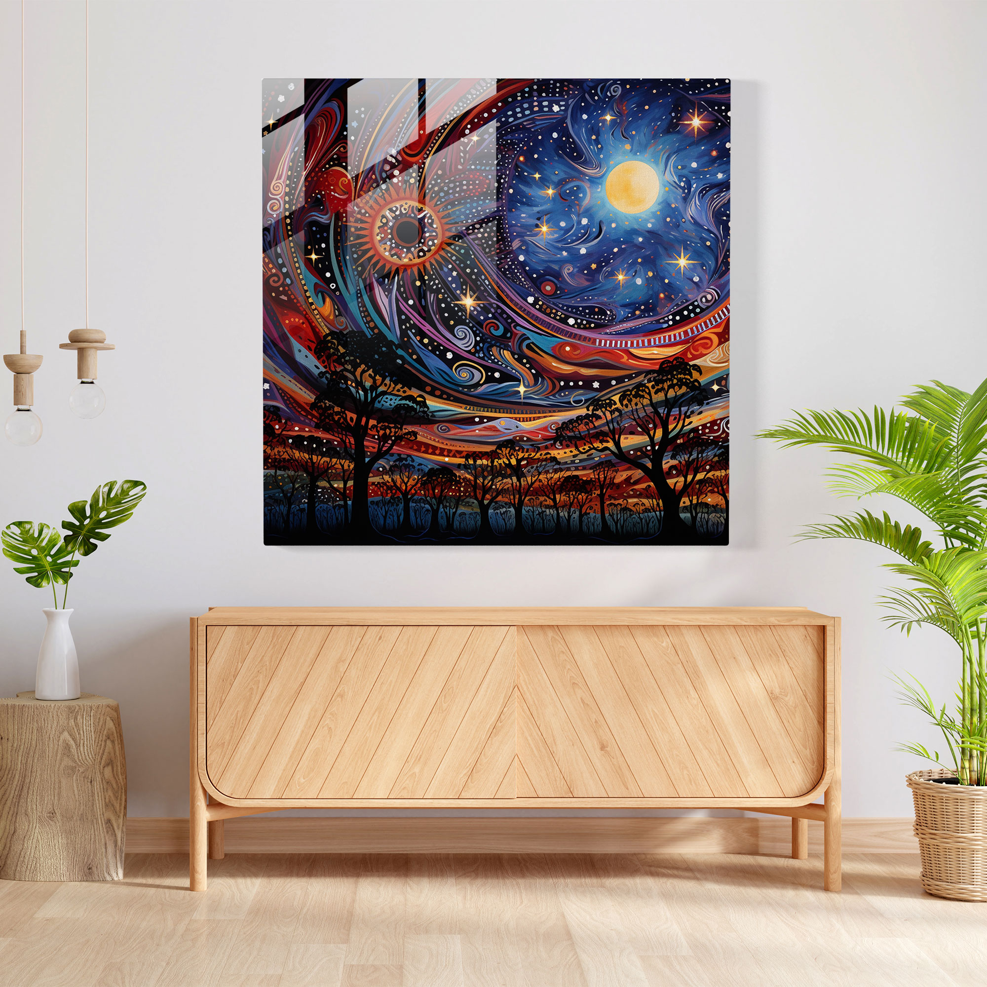 Dreamtime Celestial Glass Wall Art - Aboriginal, Modern Art, Aboriginal Dreamtime, Dreaming Spirits