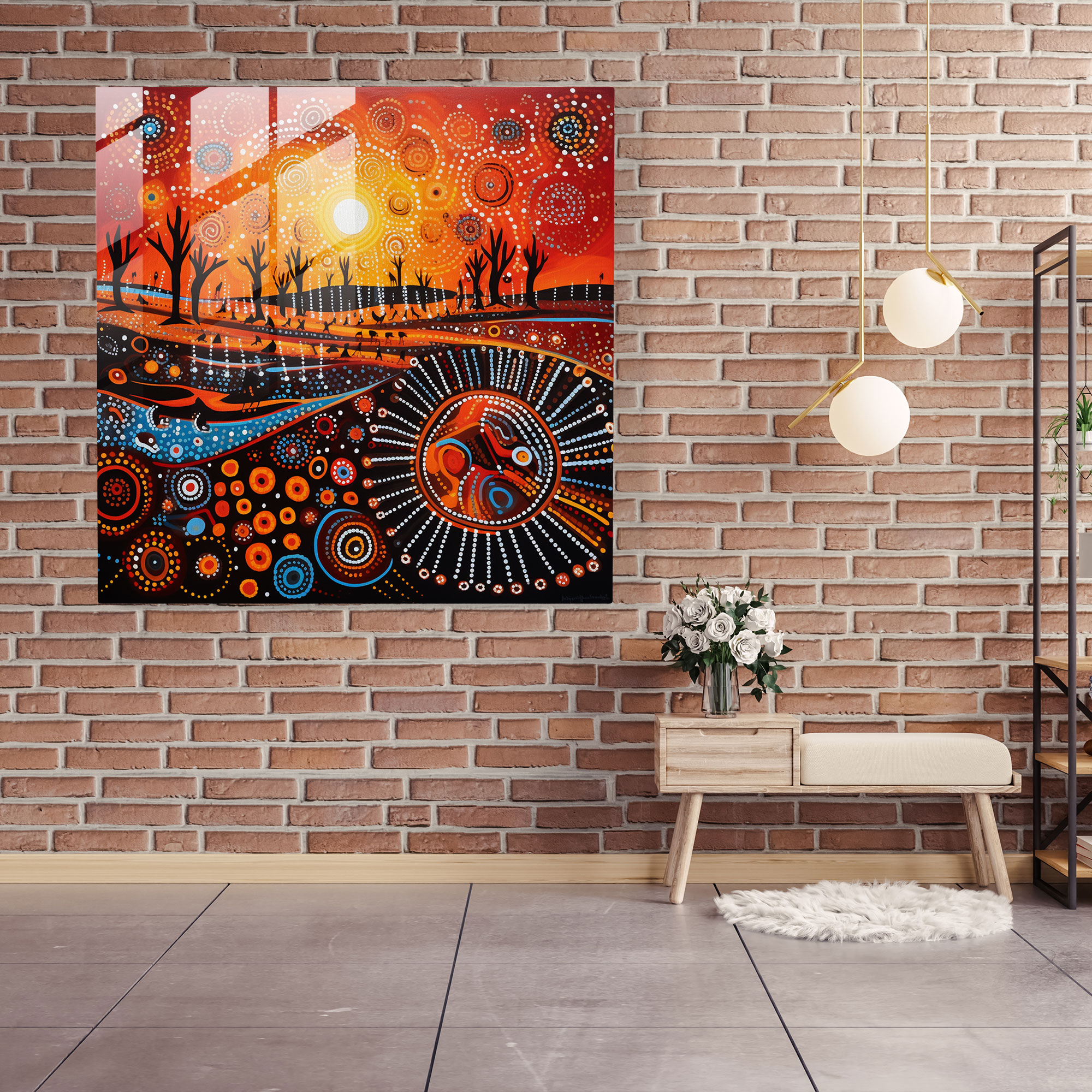 Modern Aboriginal Glass Print - Aboriginal, Stylized Artwork, Home Decoration, Aboriginal
