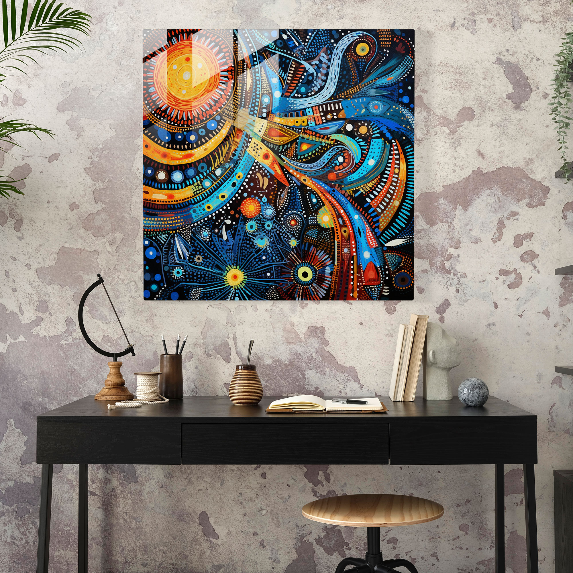 Aboriginal Fusion Glass Print - Aboriginal, Modern Art, Geometric Patterns, Glass Wall Art