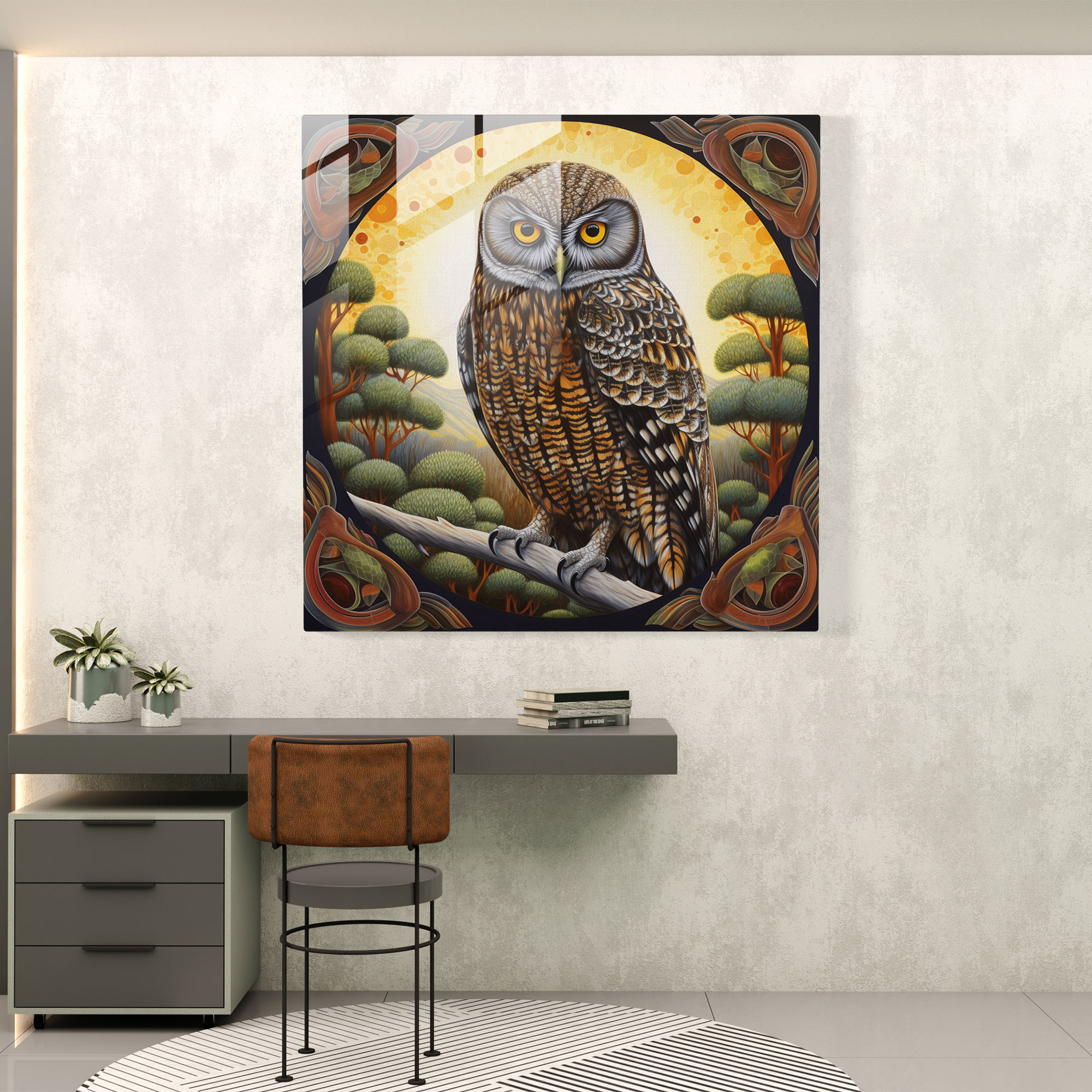 Sacred Aboriginal Owl Glass Print - Aboriginal, Owl, Wall Decoration, Wisdom