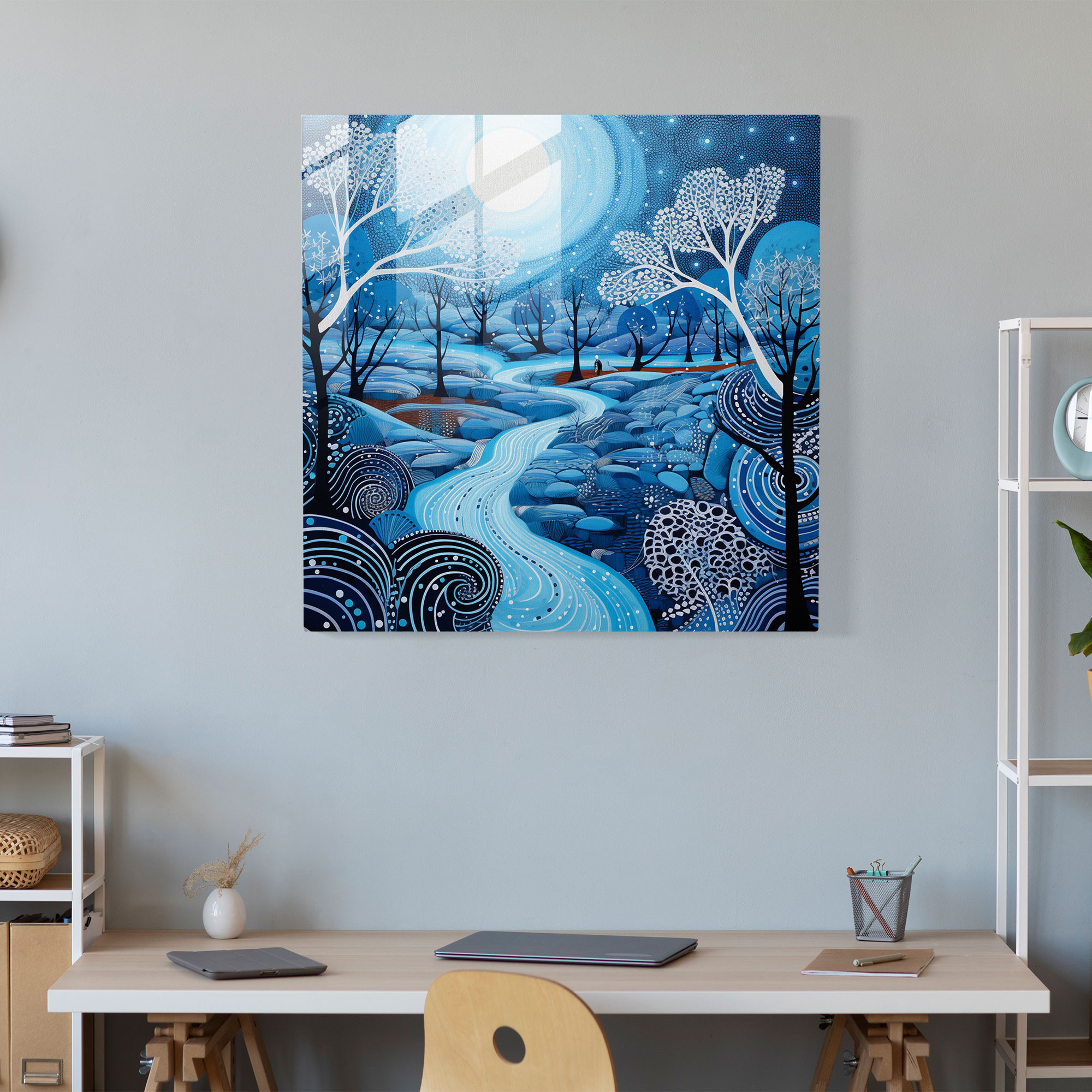 Contemporary Dreaming Glass Print - Aboriginal, Blue Tones, Waterhole, Glass Print