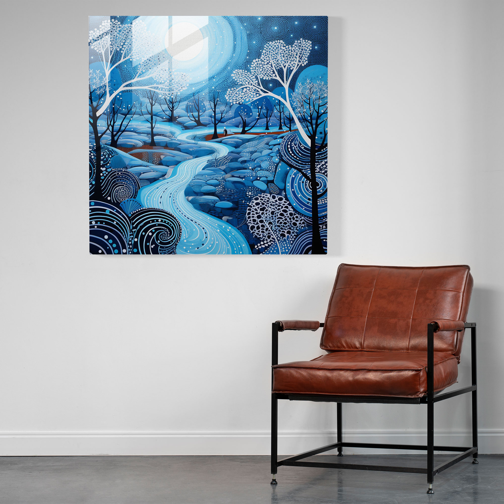 Contemporary Dreaming Glass Print - Aboriginal, Blue Tones, Waterhole, Glass Print