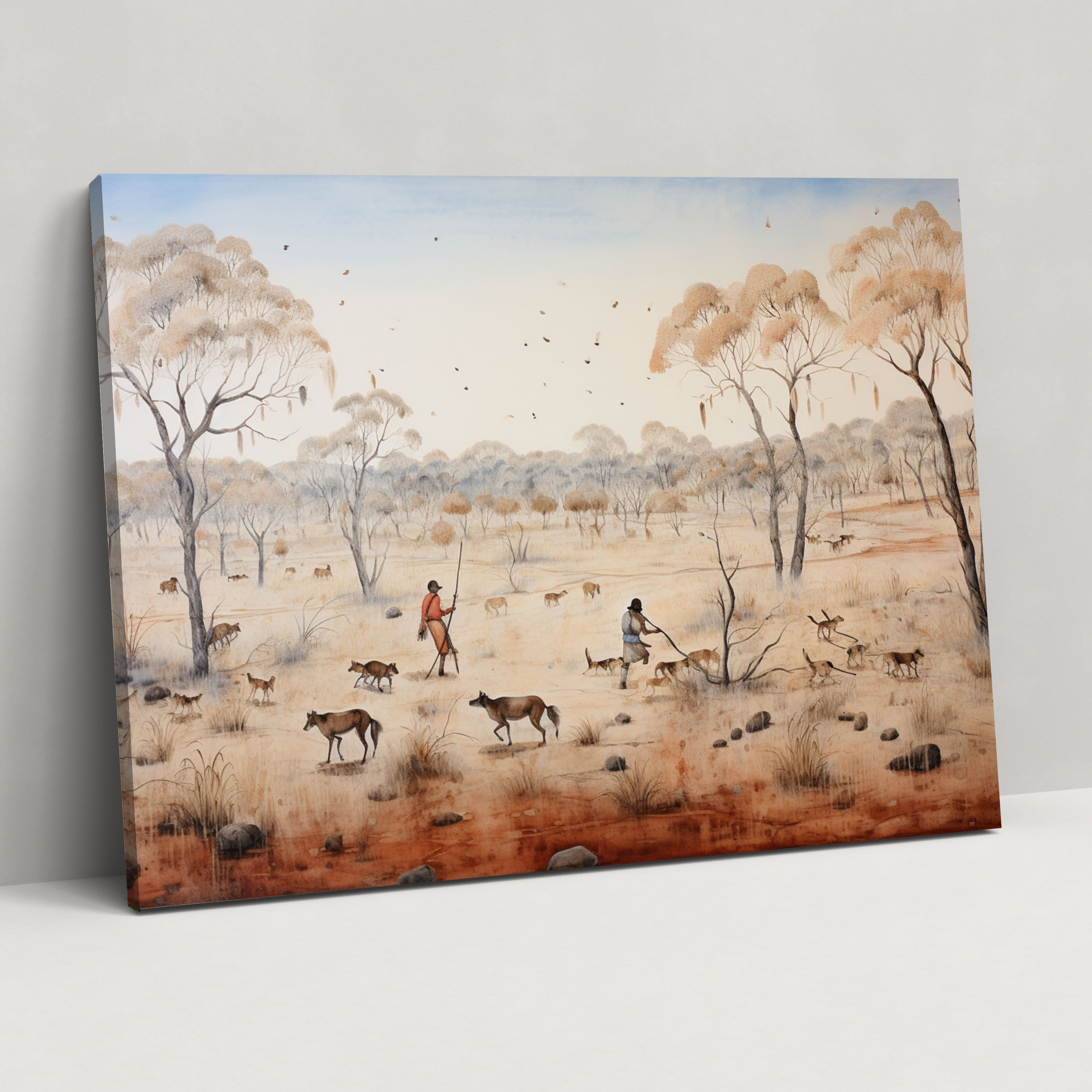 Aboriginal Canvas Print - Traditional Hunting Scene With Hunters And Dogs - Aborginal, Canvas Wall Art, Hunting Scene, Aboriginal