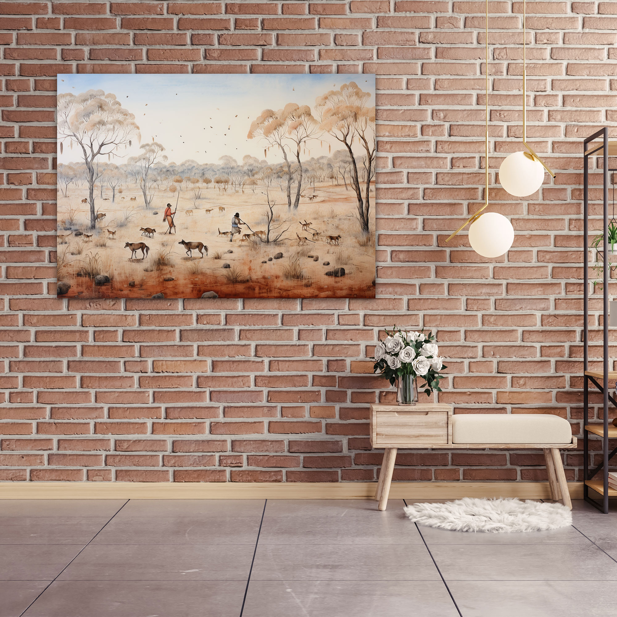 Aboriginal Canvas Print - Traditional Hunting Scene With Hunters And Dogs - Aborginal, Canvas Wall Art, Hunting Scene, Aboriginal