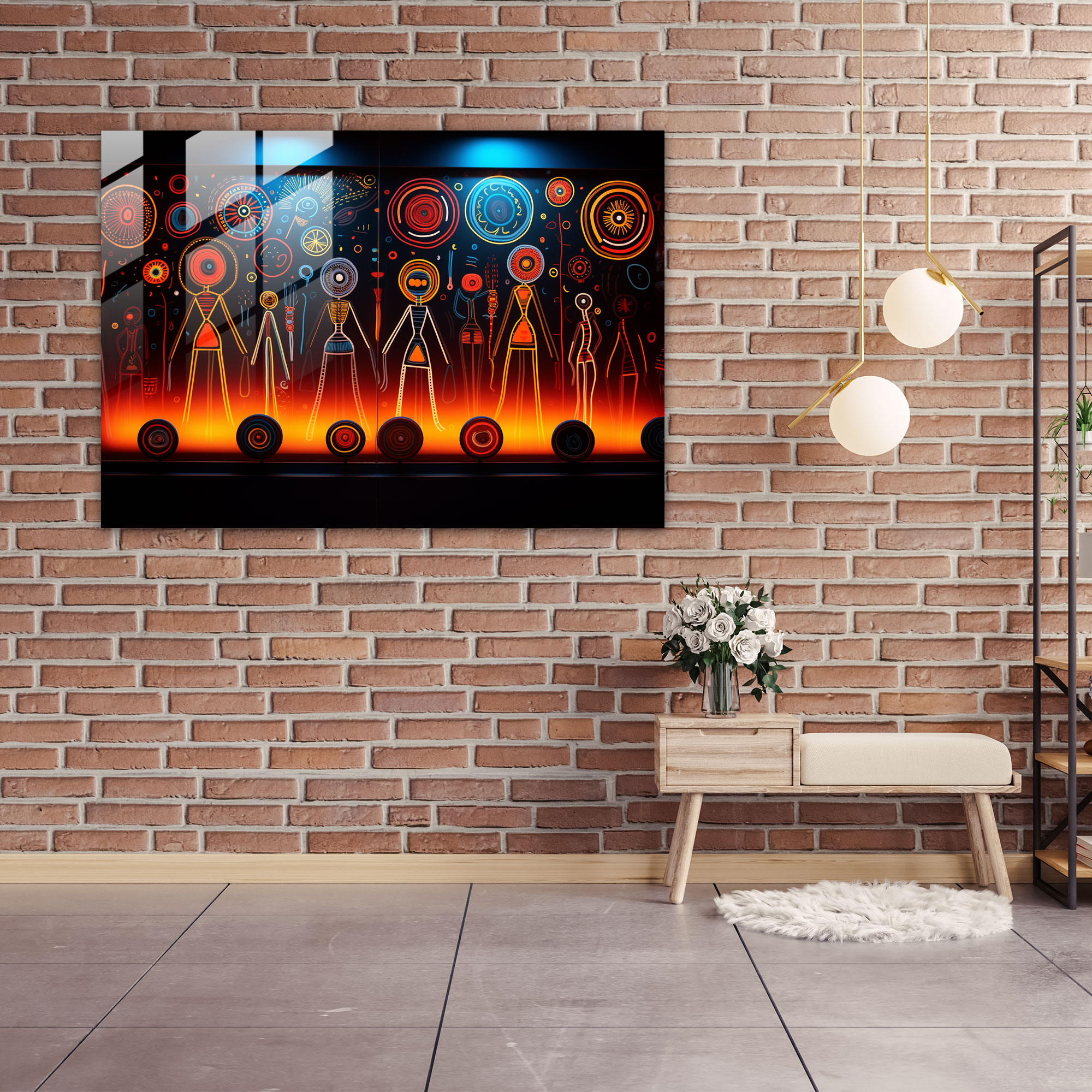 Authentic Aboriginal Glass Wall Art - Contemporary Totem Depiction - Aborginal, Home Decoration, Wall Decoration, Modern Art
