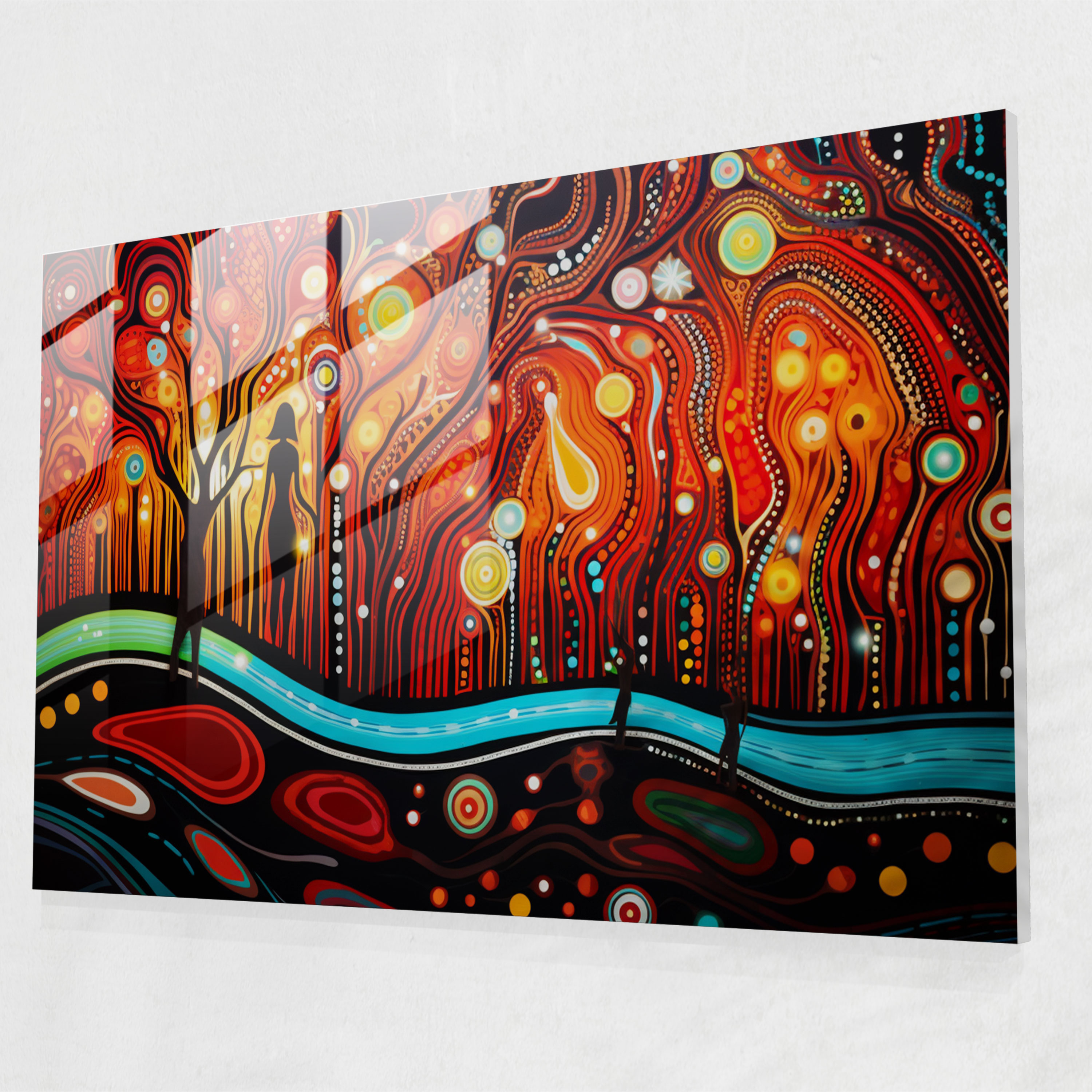 Dreamtime Spirits Glass Print - Intricate Aboriginal-Inspired Artwork - Aborginal, Spiritual Traditions, Mysticism, Glass Art