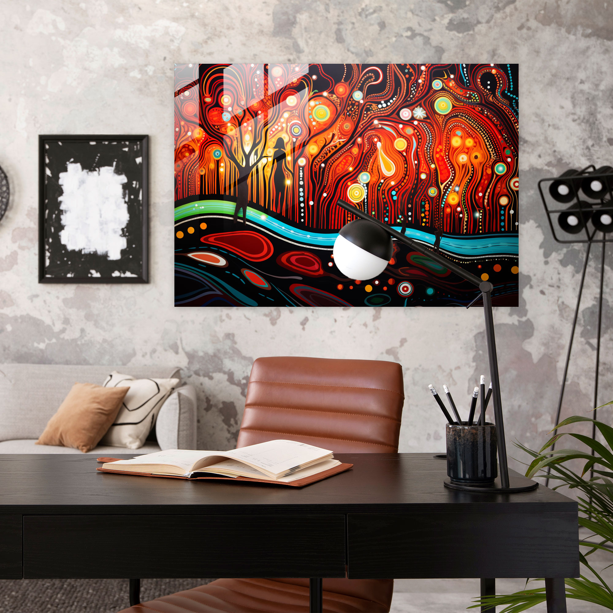 Dreamtime Spirits Glass Print - Intricate Aboriginal-Inspired Artwork - Aborginal, Spiritual Traditions, Mysticism, Glass Art