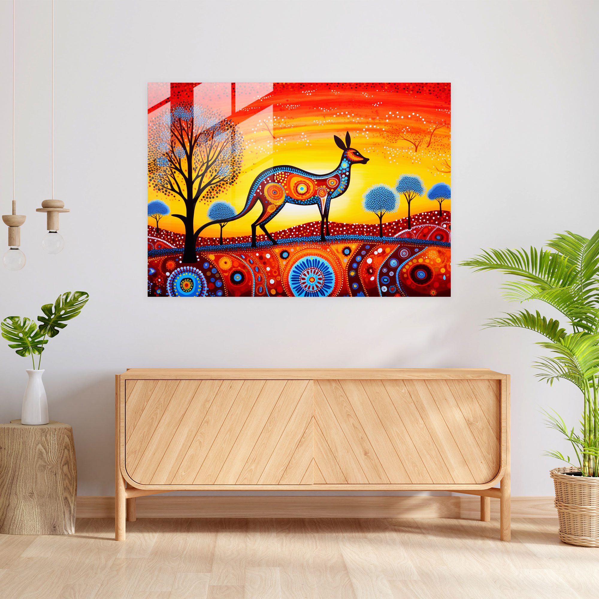 Aboriginal Dot Painting Glass Print - Aborginal, Australian Outback, Wall Decoration, Kangaroo