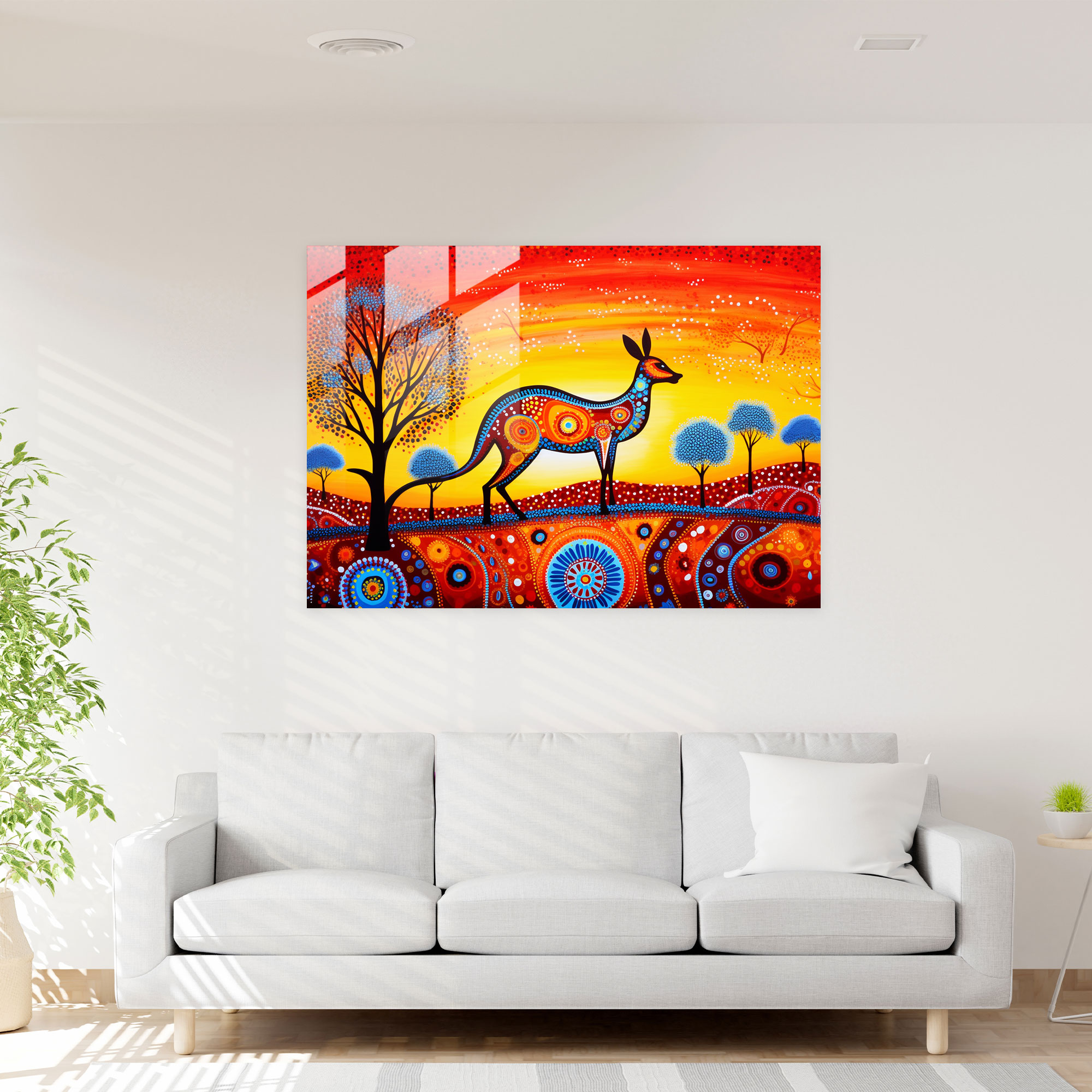 Aboriginal Dot Painting Glass Print - Aborginal, Australian Outback, Wall Decoration, Kangaroo