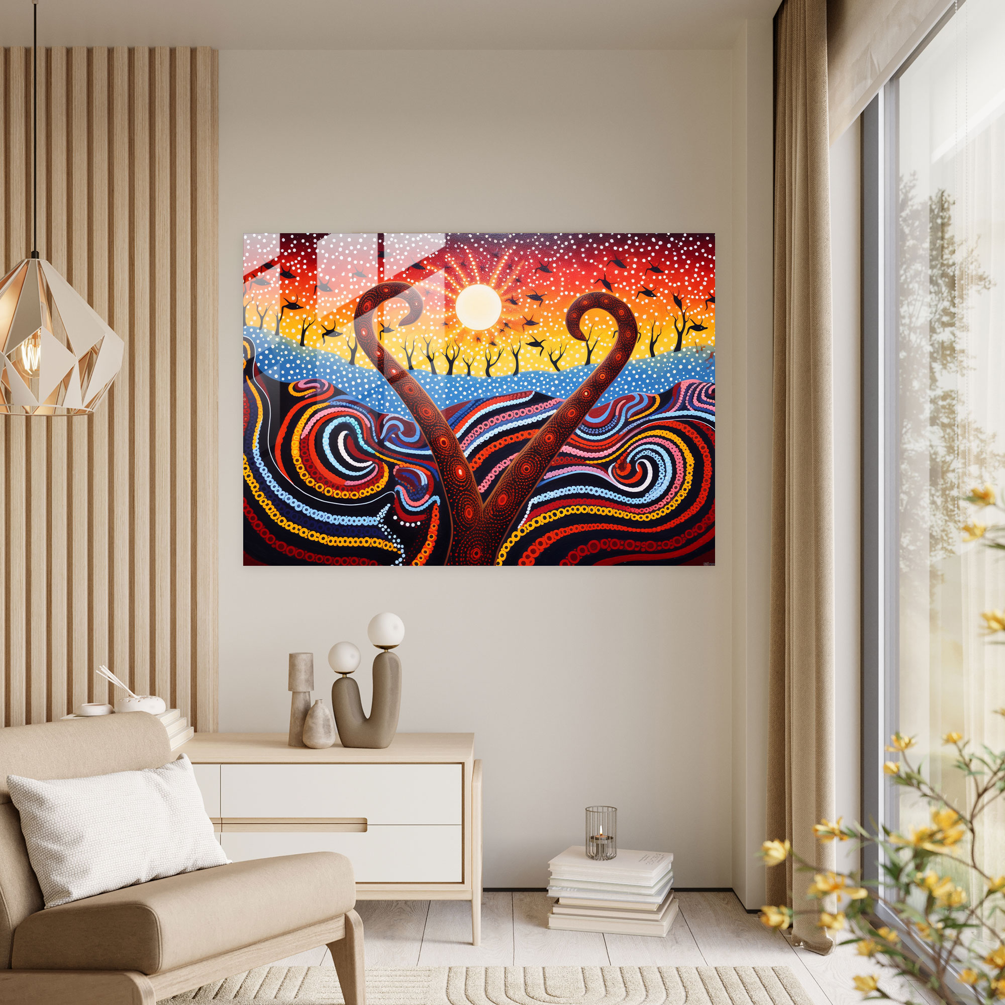 Traditional Aboriginal Rainbow Serpent Glass Print - Aborginal, Glass Wall Art, Wall Decoration, Traditional Aboriginal Artwork
