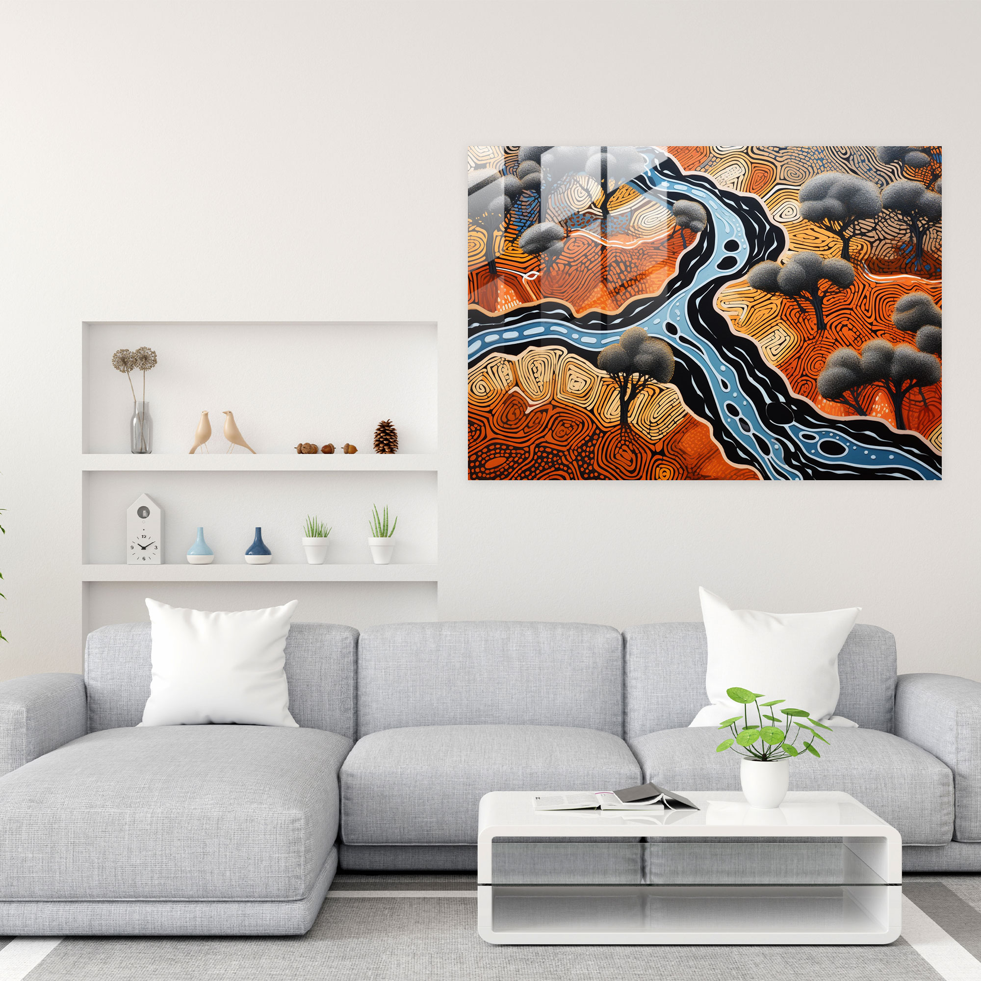 Contemporary Aboriginal Aerial View Glass Print - Aborginal, Wall Decoration, Glass Wall Art, Land Formations