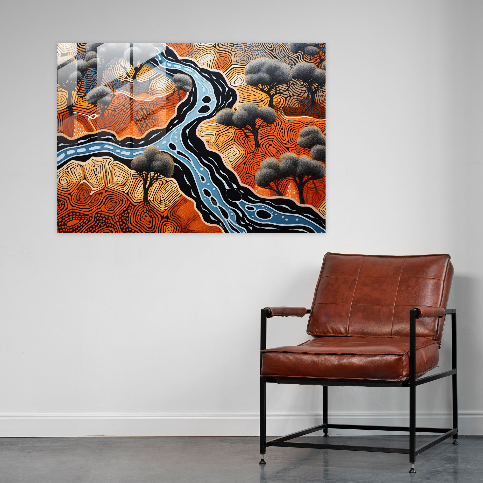 Contemporary Aboriginal Aerial View Glass Print - Aborginal, Wall Decoration, Glass Wall Art, Land Formations