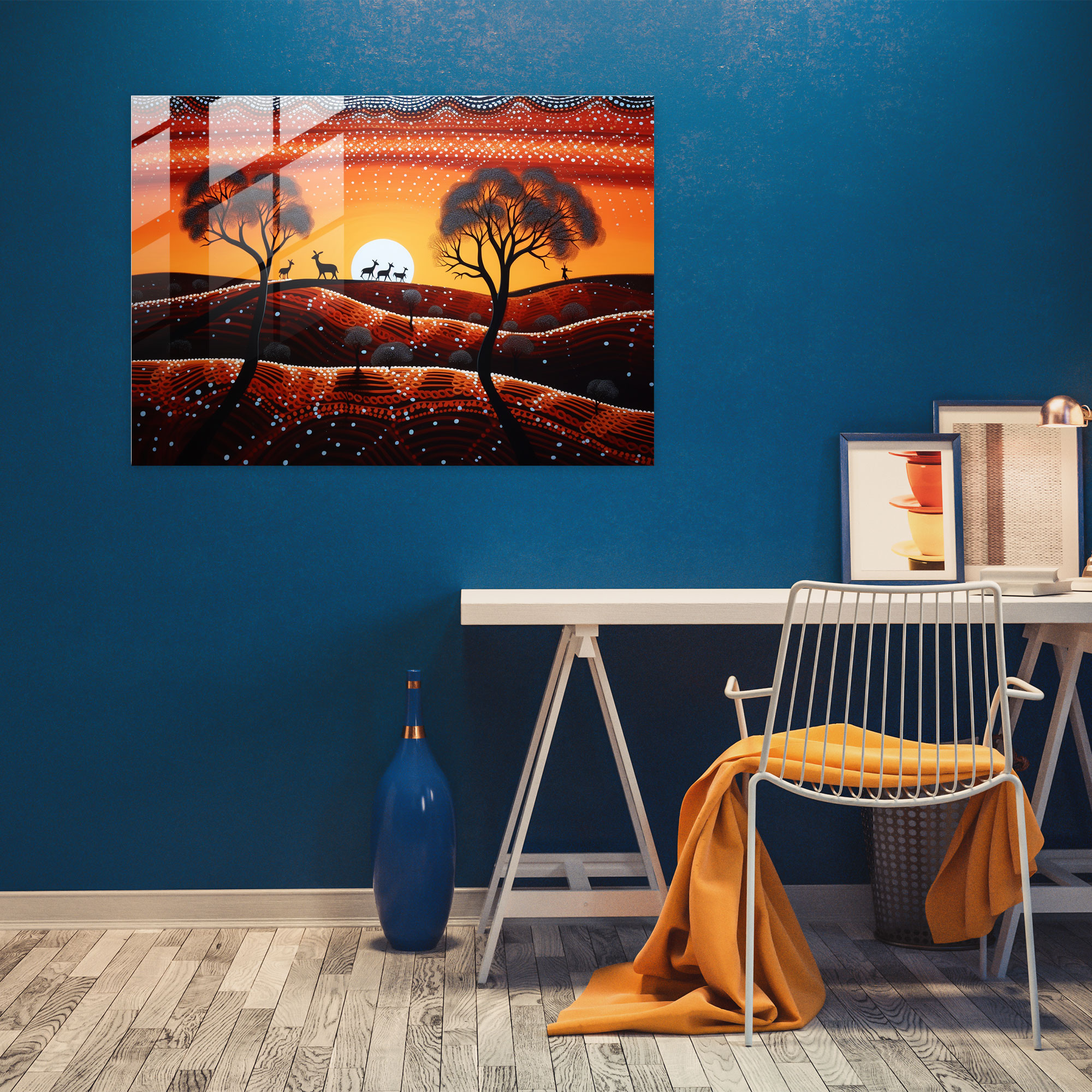 Aborjin Cam Tablo - Avustralya'nın Outback'inde Kangurular - Aborjin Nokta Resimleme Cam Duvar Sanatı Outback