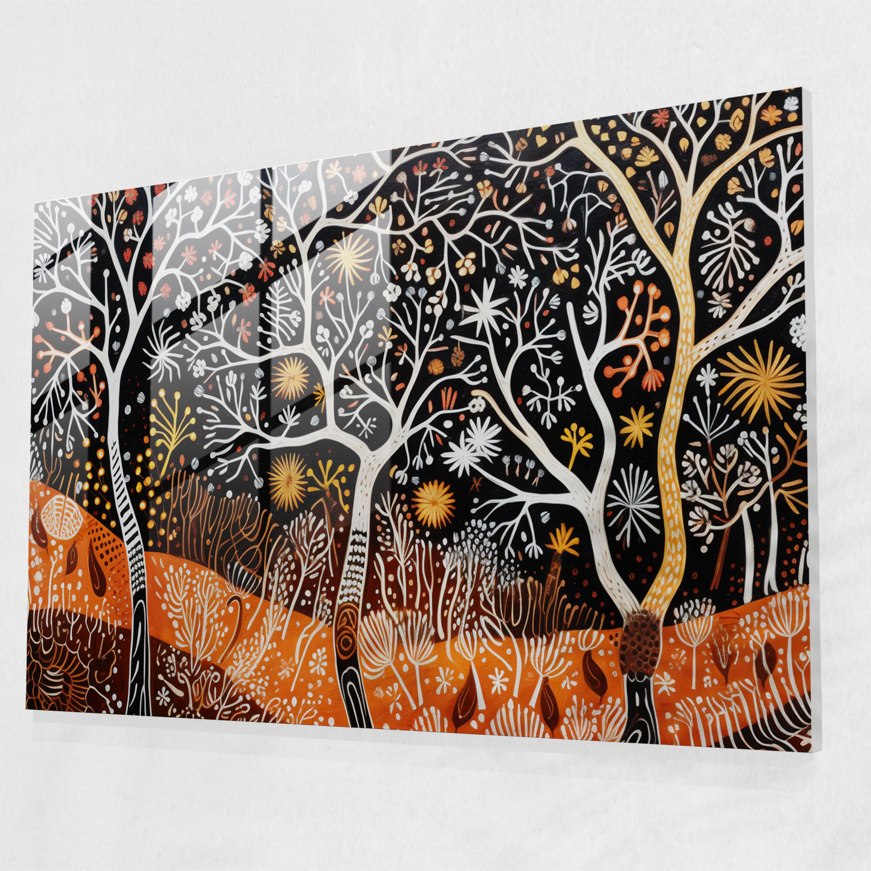 Indigenous Bark Painting Glass Wall Art - Aborginal, Symbols, Glass Wall Art, Lines