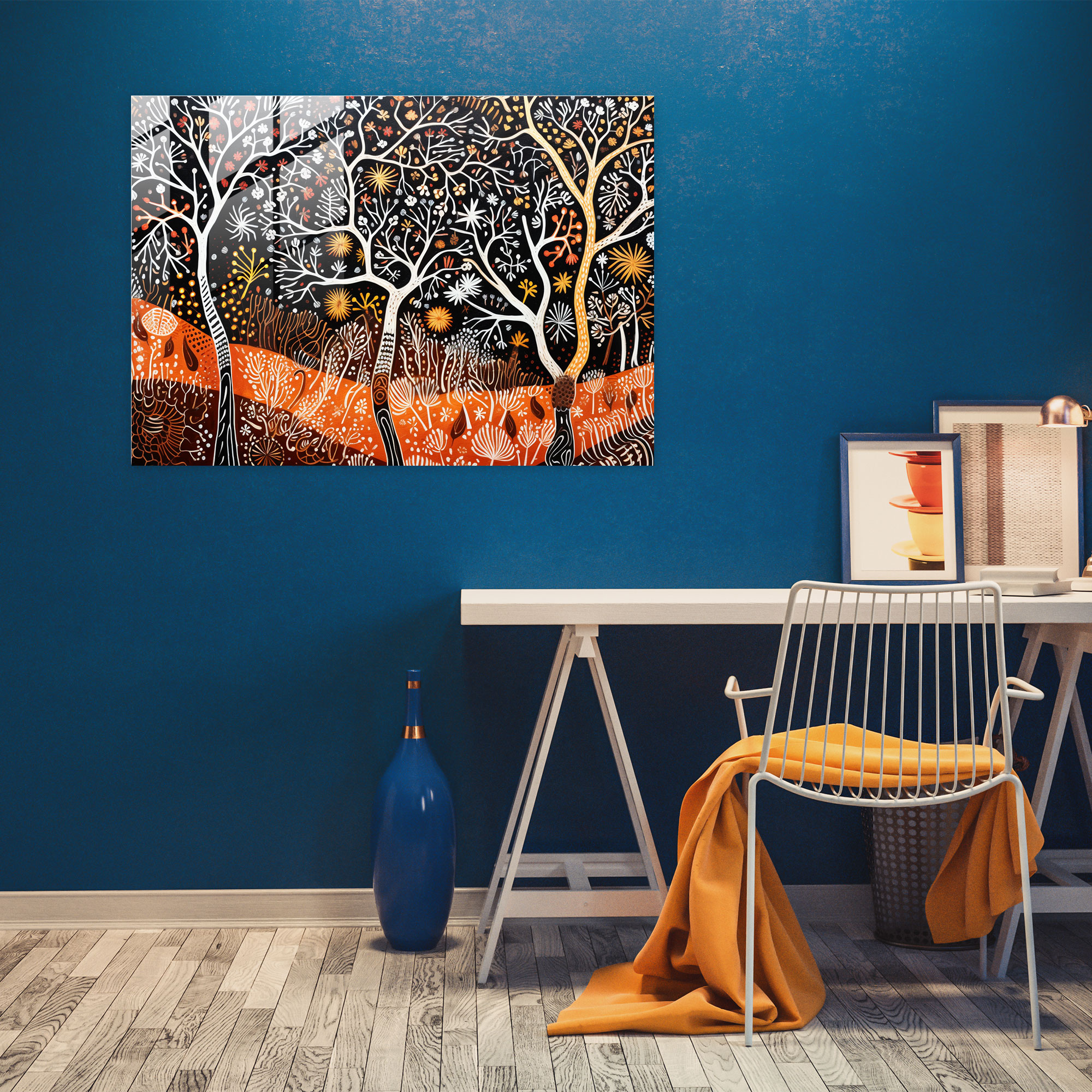 Indigenous Bark Painting Glass Wall Art - Aborginal, Symbols, Glass Wall Art, Lines