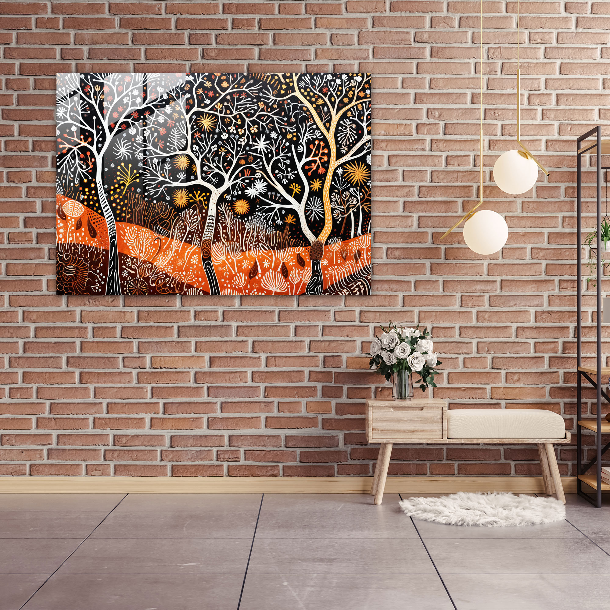 Indigenous Bark Painting Glass Wall Art - Aborginal, Symbols, Glass Wall Art, Lines